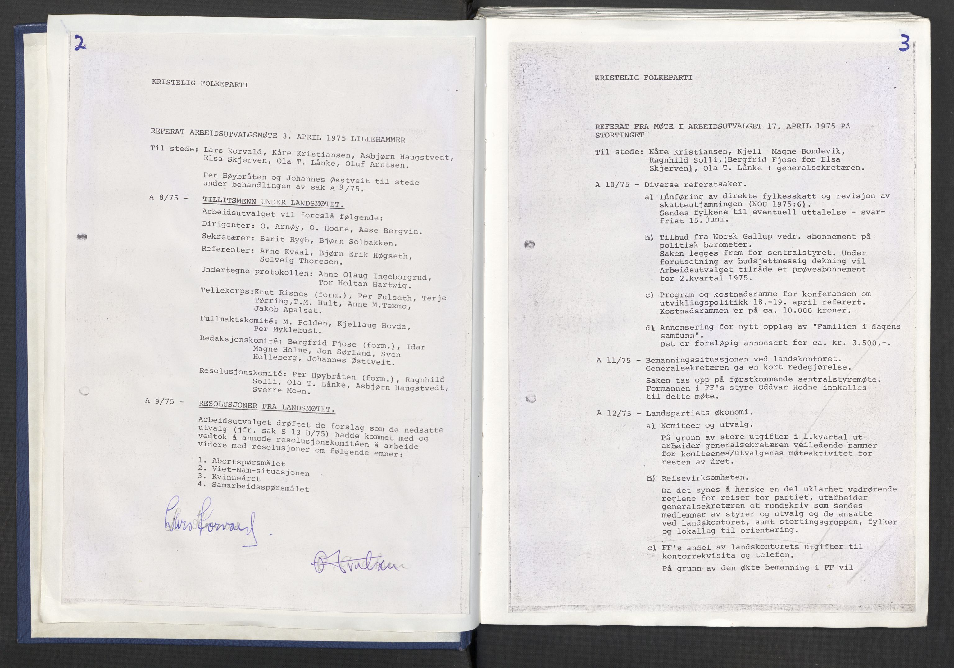 Kristelig Folkeparti, AV/RA-PA-0621/F/Fk/L0053/0001: -- / 1. Protokoller st.møter, Landsmøter, AU, landsstyremøter, 1975-1977, s. 2-3