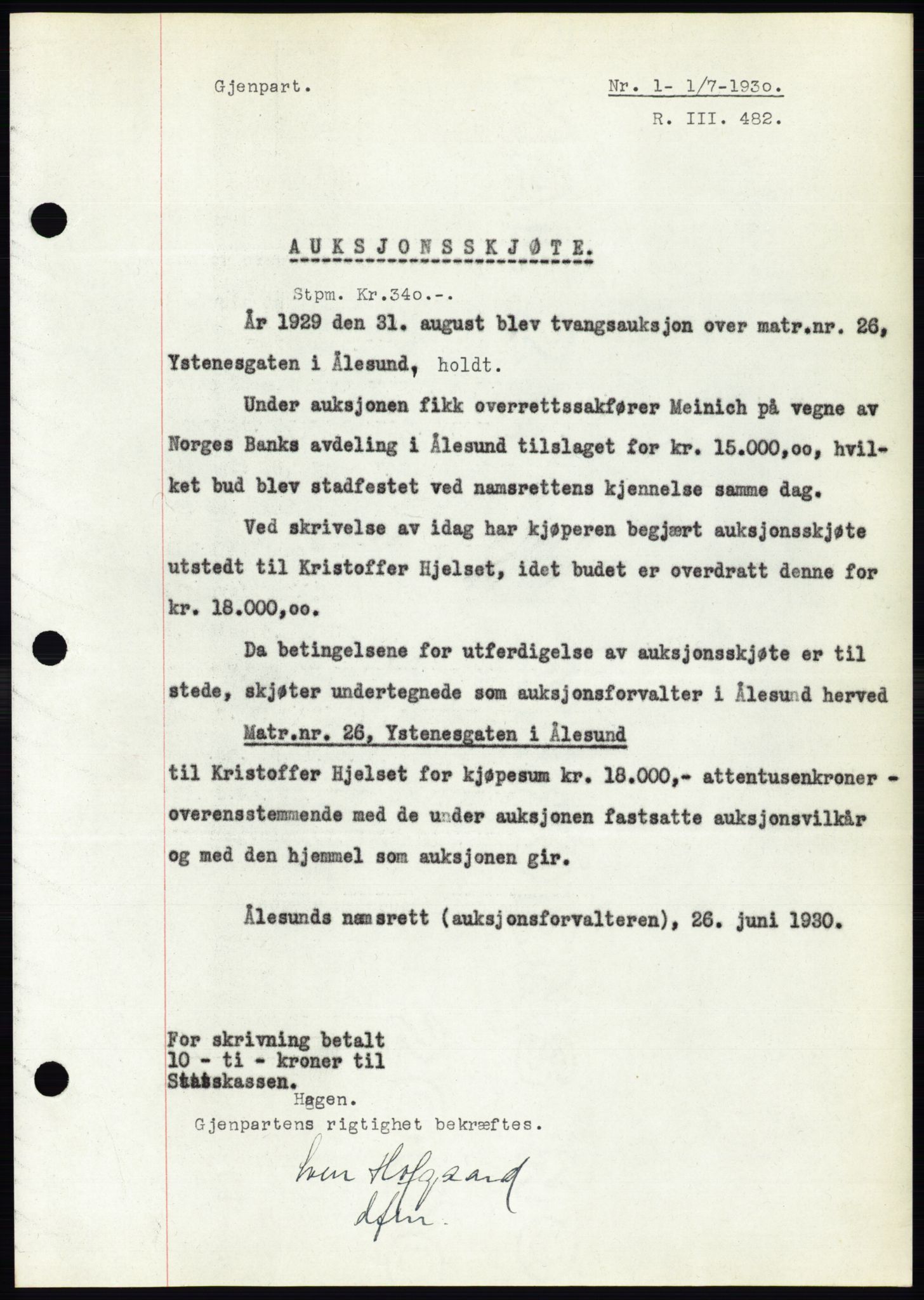 Ålesund byfogd, SAT/A-4384: Pantebok nr. 26, 1930-1930, Tingl.dato: 01.07.1930