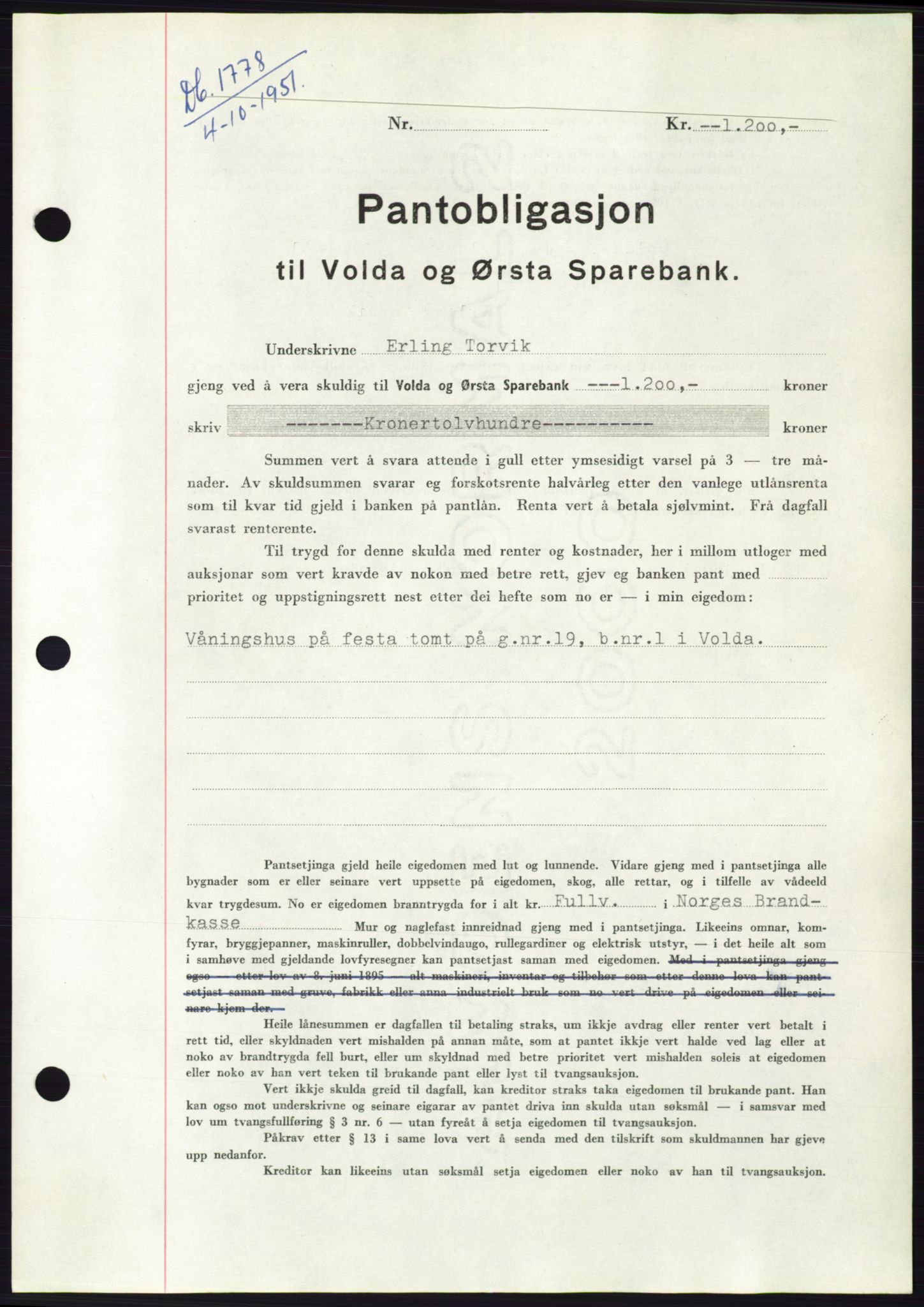 Søre Sunnmøre sorenskriveri, AV/SAT-A-4122/1/2/2C/L0120: Pantebok nr. 8B, 1951-1951, Dagboknr: 1778/1951