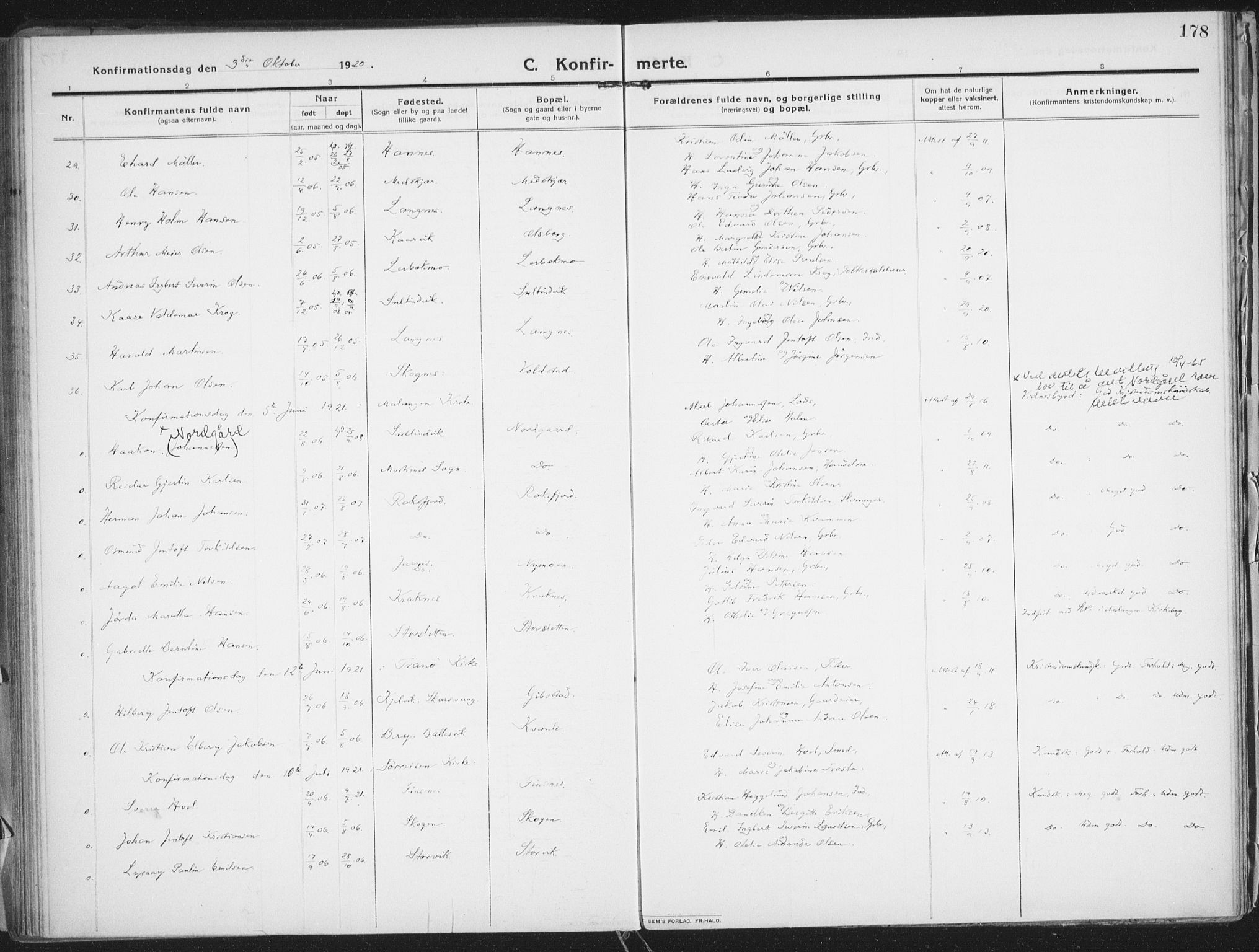 Lenvik sokneprestembete, SATØ/S-1310/H/Ha/Haa/L0016kirke: Ministerialbok nr. 16, 1910-1924, s. 178