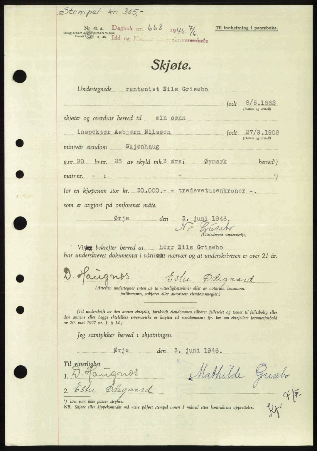 Idd og Marker sorenskriveri, AV/SAO-A-10283/G/Gb/Gbb/L0008: Pantebok nr. A8, 1946-1946, Dagboknr: 668/1946