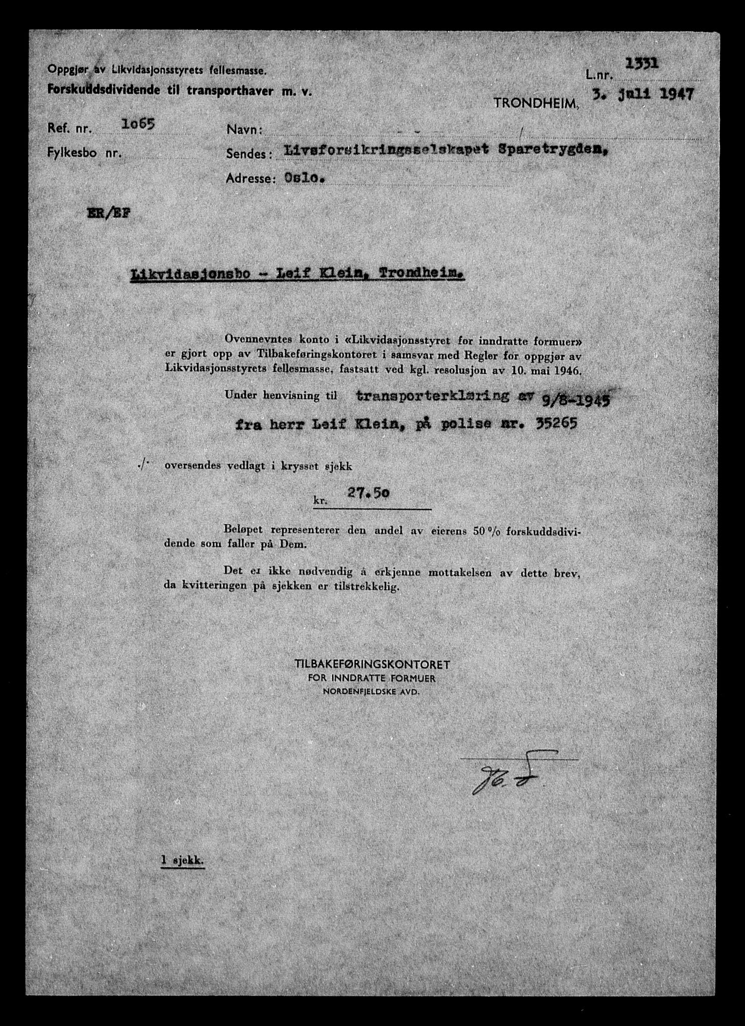 Justisdepartementet, Tilbakeføringskontoret for inndratte formuer, AV/RA-S-1564/H/Hc/Hca/L0902: --, 1945-1947, s. 125