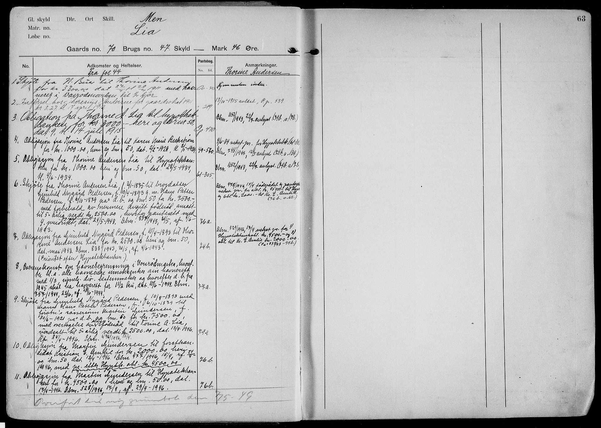 Gjerpen sorenskriveri, AV/SAKO-A-216/G/Gb/Gbd/L0003: Panteregister nr. IV 3, s. 63