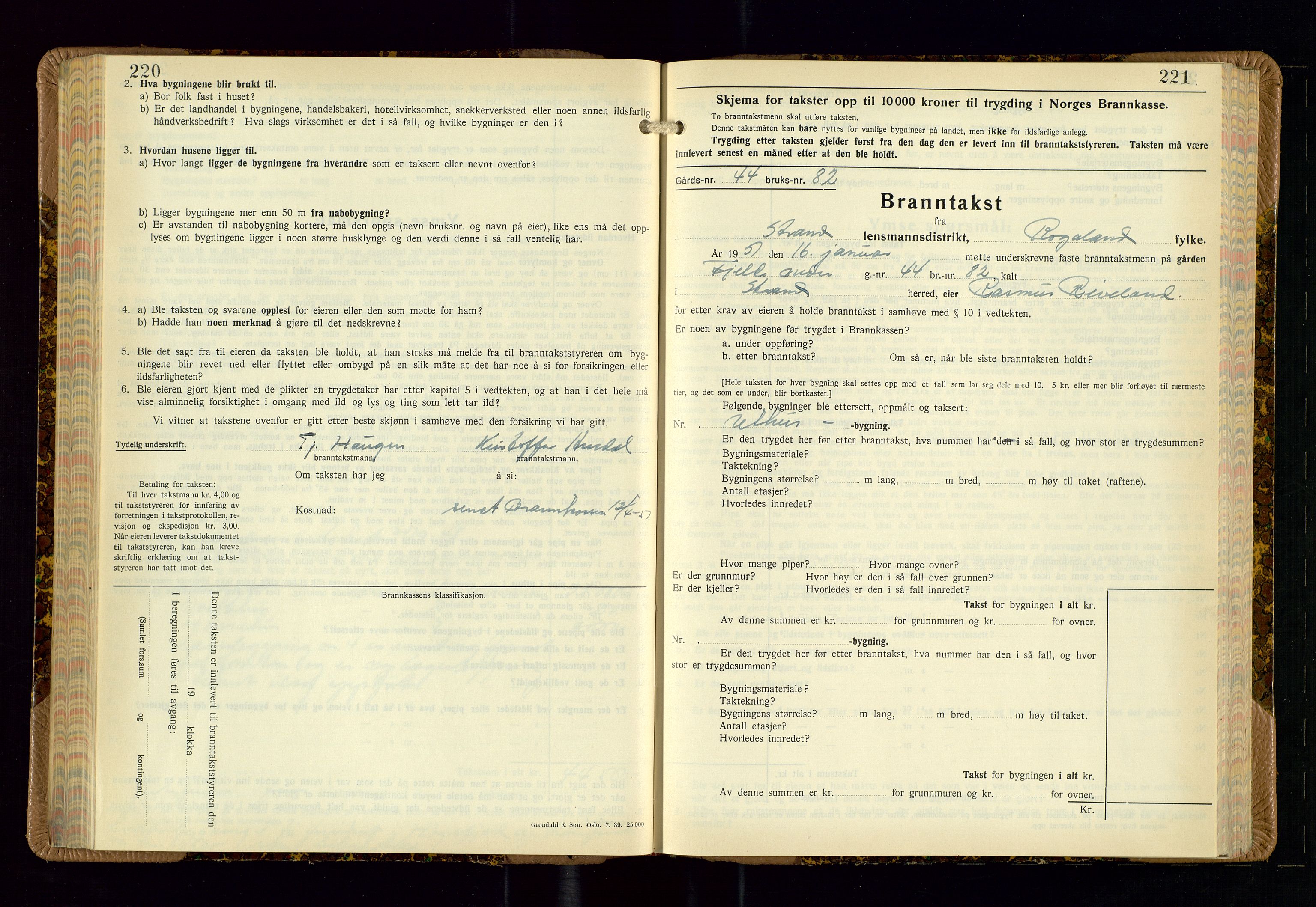 Strand og Forsand lensmannskontor, AV/SAST-A-100451/Gob/L0002: Branntakstprotokoll, 1942-1953, s. 220-221