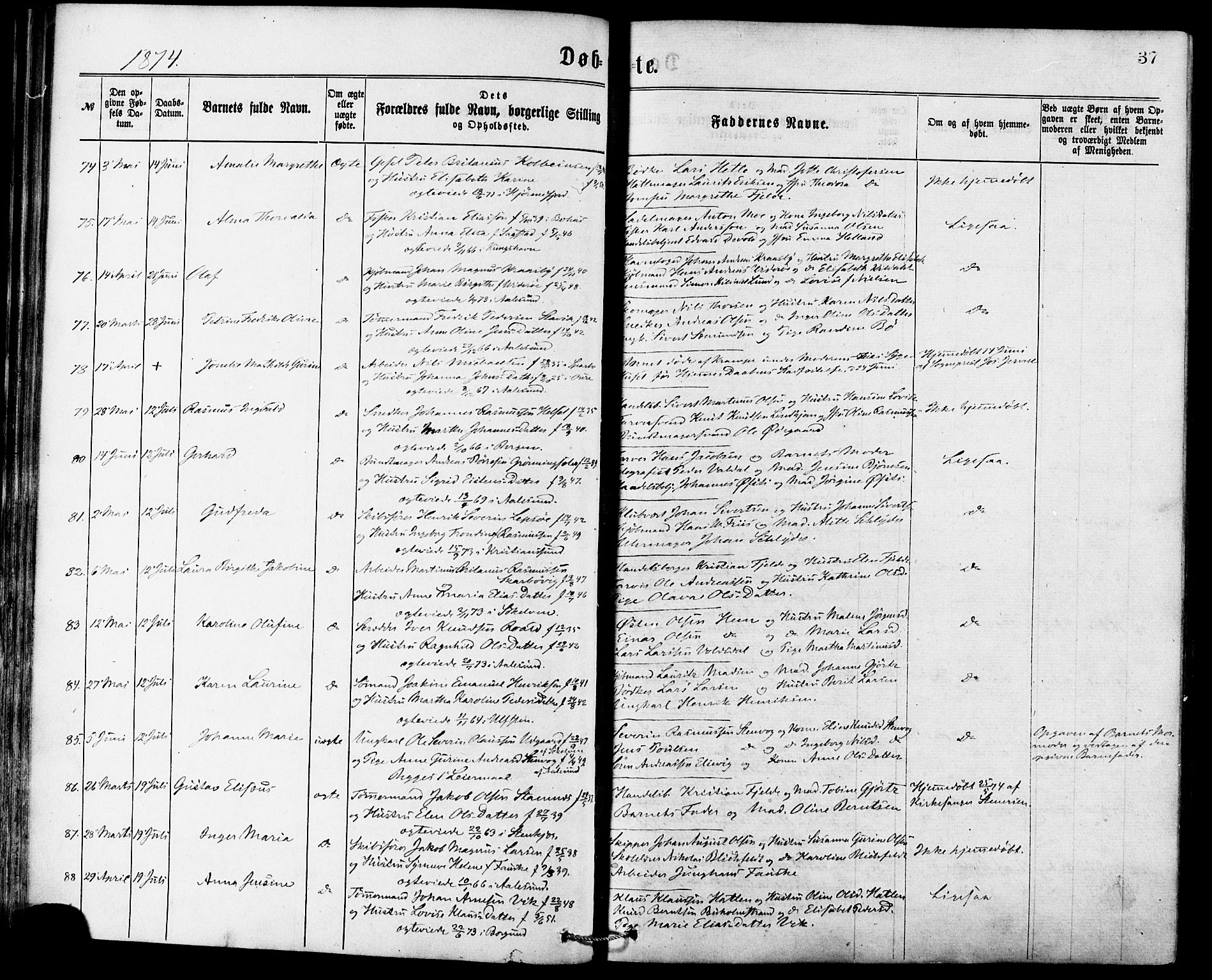 Ministerialprotokoller, klokkerbøker og fødselsregistre - Møre og Romsdal, SAT/A-1454/529/L0453: Ministerialbok nr. 529A03, 1872-1877, s. 37