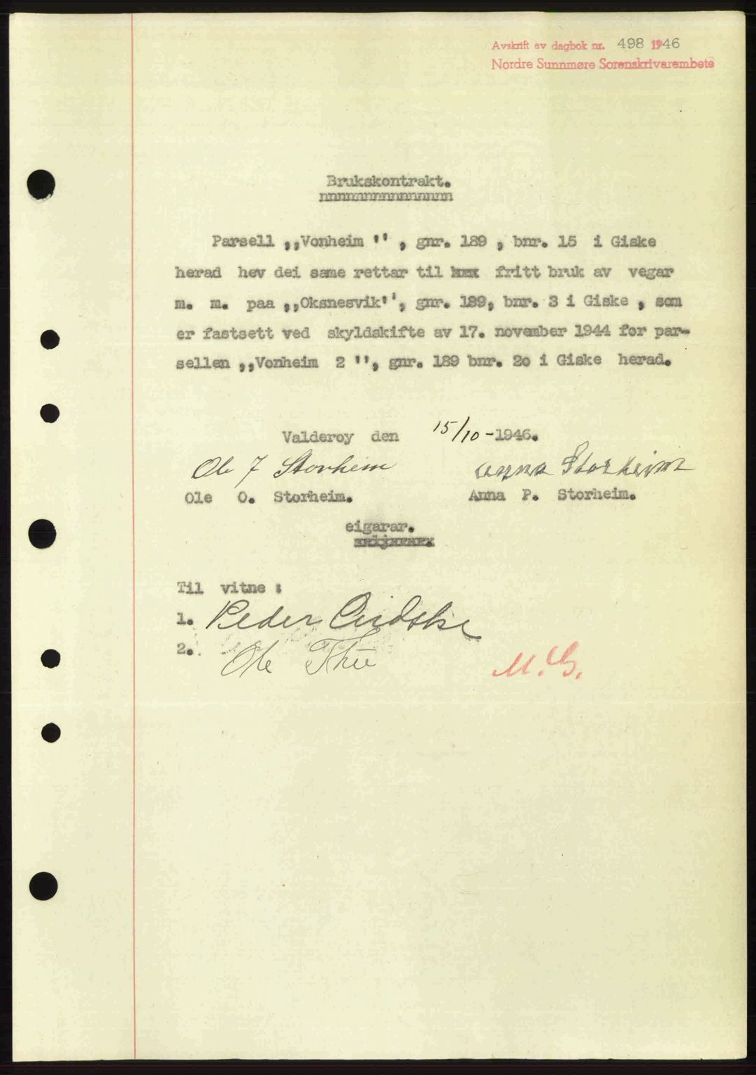 Nordre Sunnmøre sorenskriveri, AV/SAT-A-0006/1/2/2C/2Ca: Pantebok nr. A21, 1946-1946, Dagboknr: 498/1946