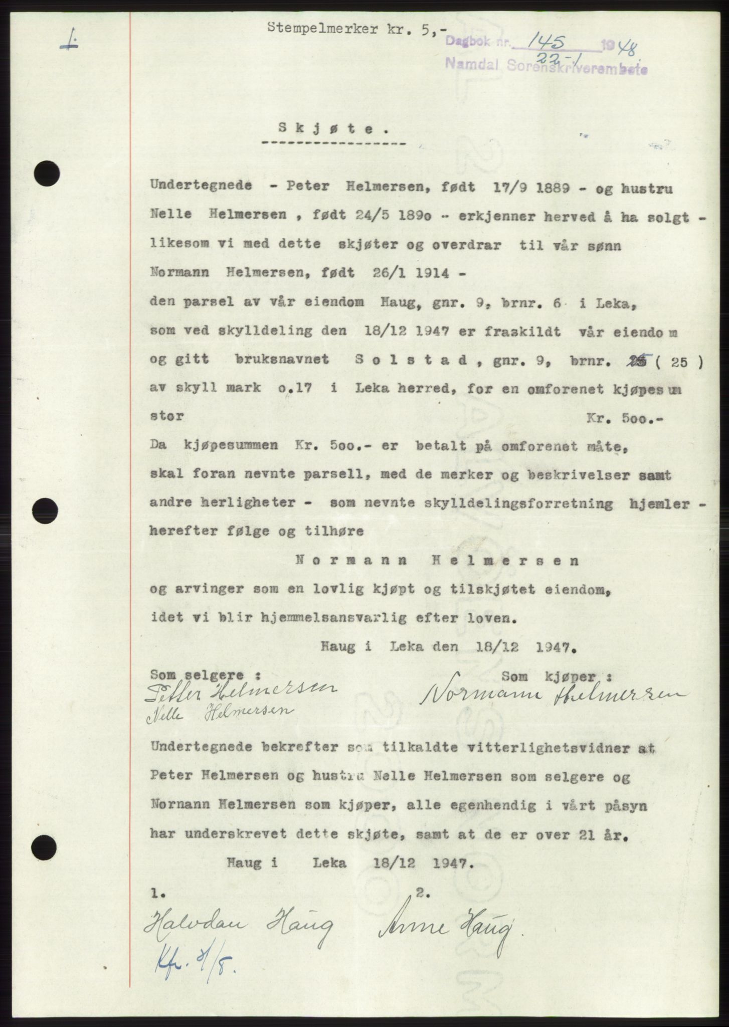 Namdal sorenskriveri, SAT/A-4133/1/2/2C: Pantebok nr. -, 1947-1948, Dagboknr: 145/1948