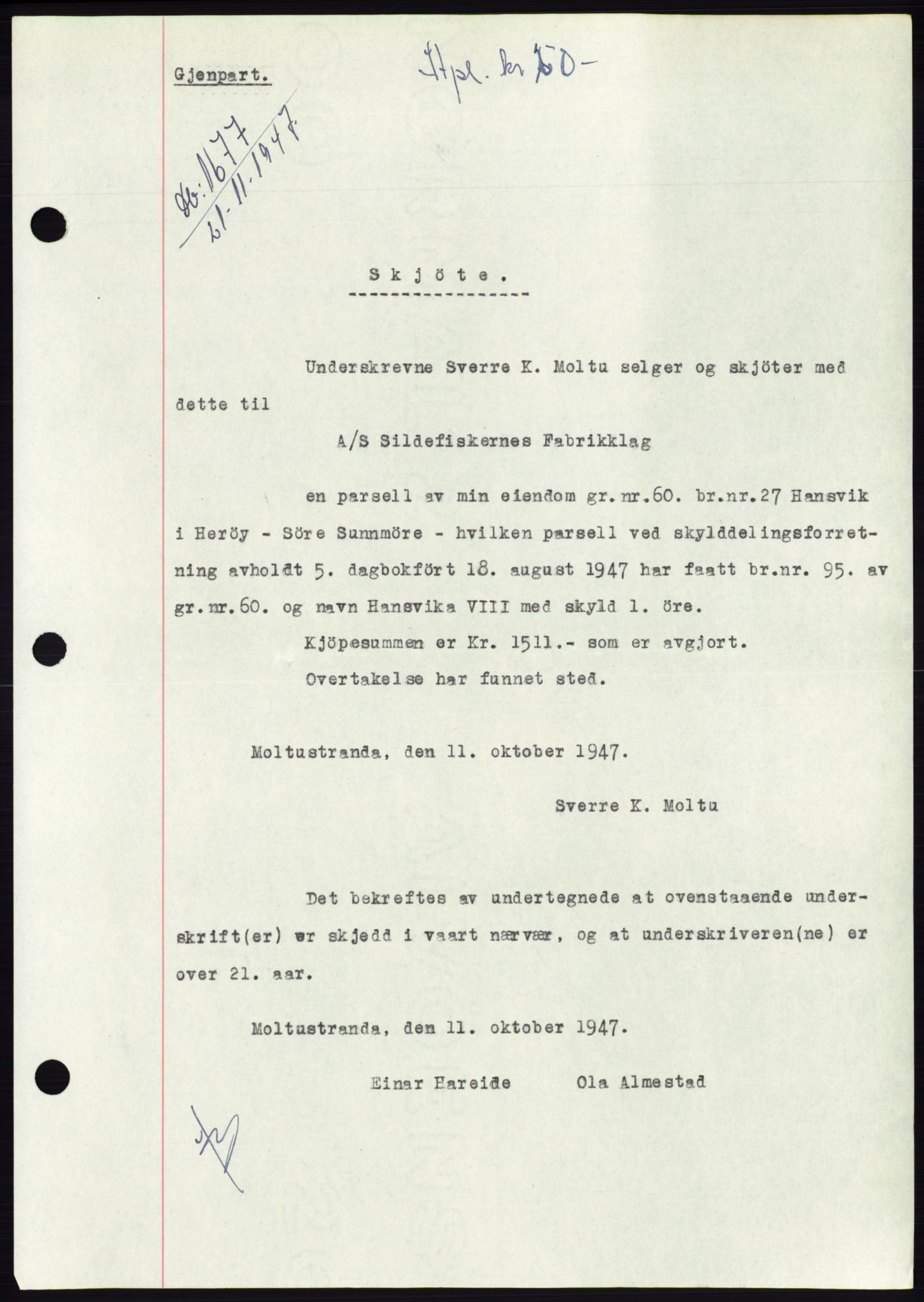 Søre Sunnmøre sorenskriveri, SAT/A-4122/1/2/2C/L0081: Pantebok nr. 7A, 1947-1948, Dagboknr: 1677/1947