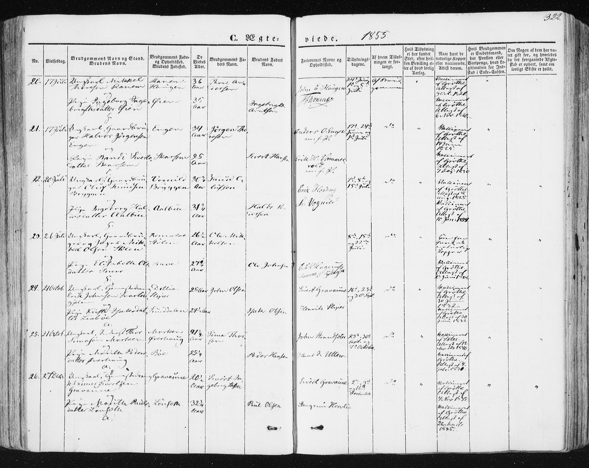 Ministerialprotokoller, klokkerbøker og fødselsregistre - Sør-Trøndelag, SAT/A-1456/678/L0899: Ministerialbok nr. 678A08, 1848-1872, s. 322