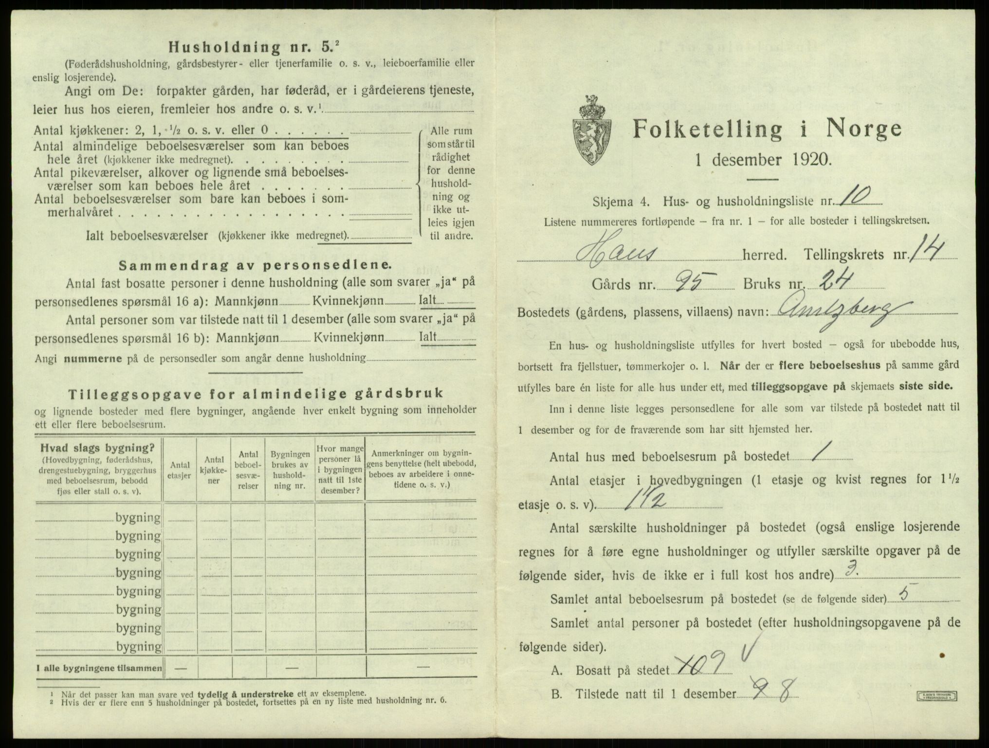 SAB, Folketelling 1920 for 1250 Haus herred, 1920, s. 1154