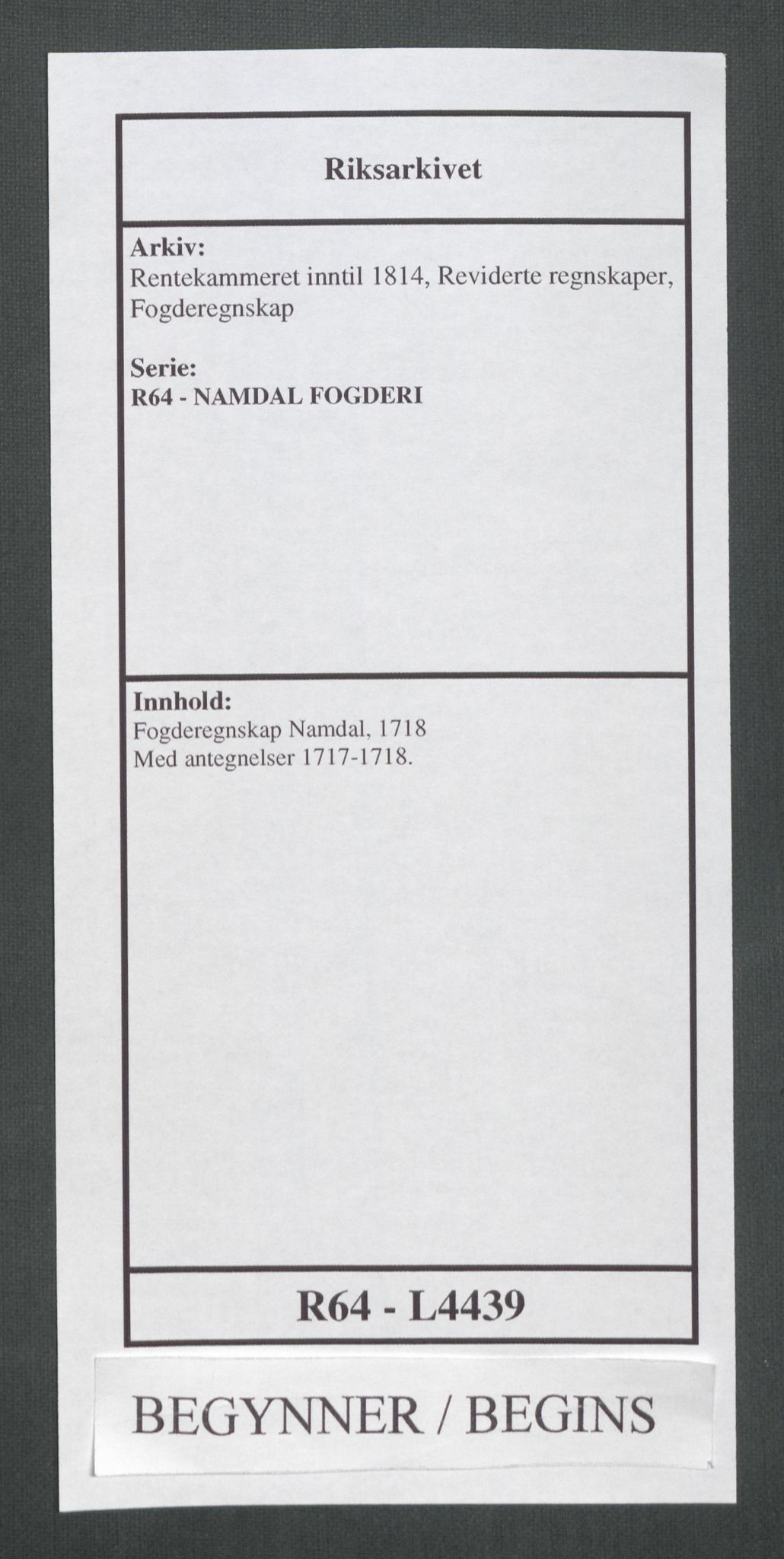 Rentekammeret inntil 1814, Reviderte regnskaper, Fogderegnskap, RA/EA-4092/R64/L4439: Fogderegnskap Namdal, 1718, s. 1