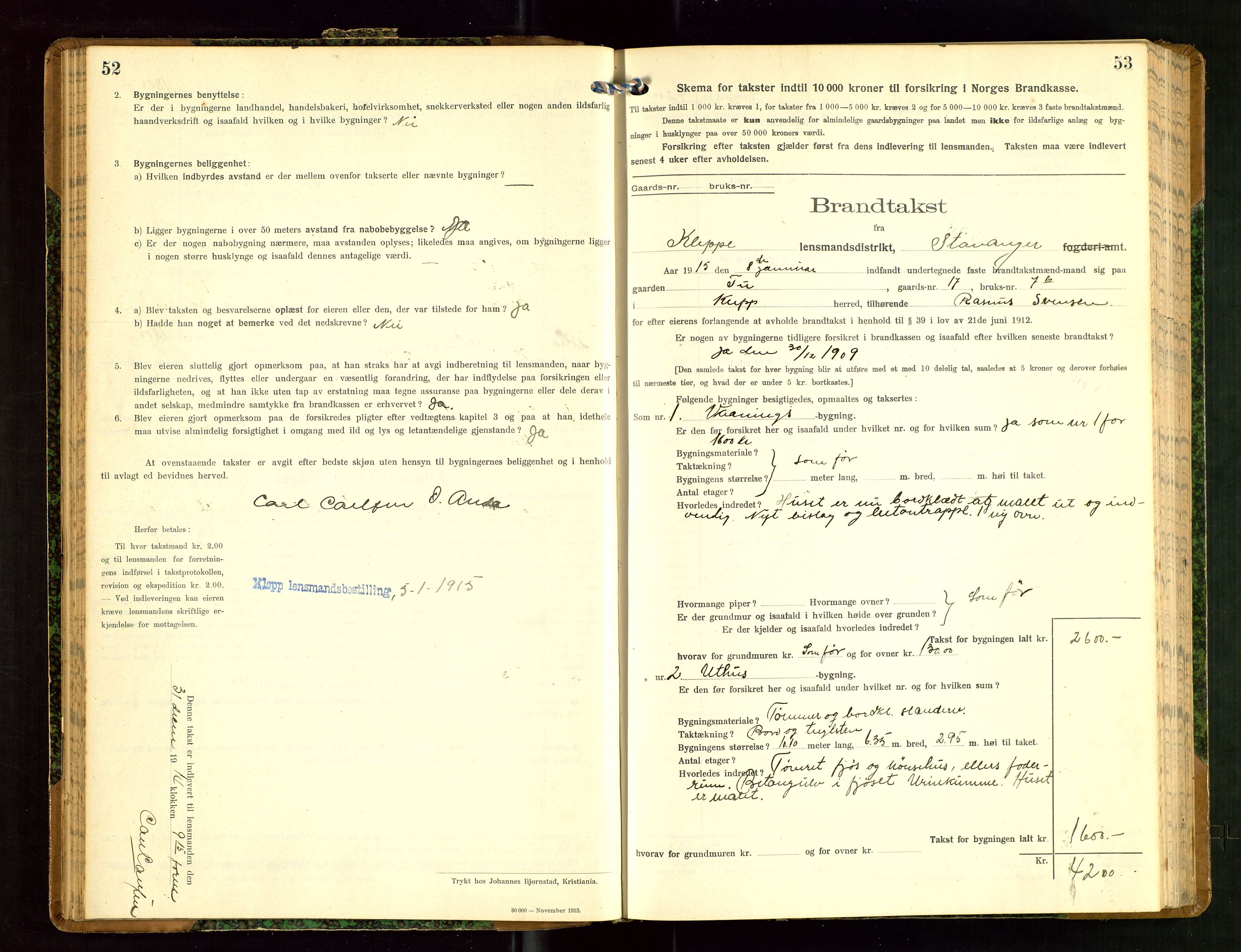 Klepp lensmannskontor, SAST/A-100163/Goc/L0008: "Brandtakstprotokol" m/register, 1914-1917, s. 52-53