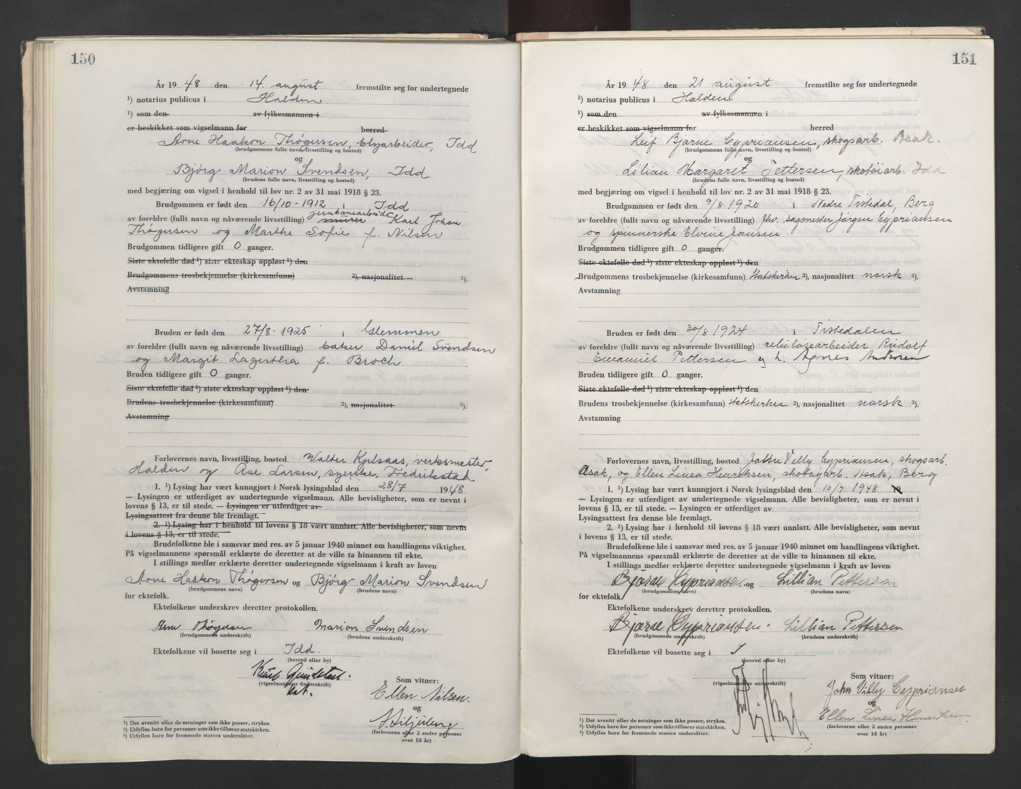 Idd og Marker sorenskriveri, AV/SAO-A-10283/L/Lc/L0001/0004: Vigselsbøker / Vigselsbok, 1945-1949, s. 150-151