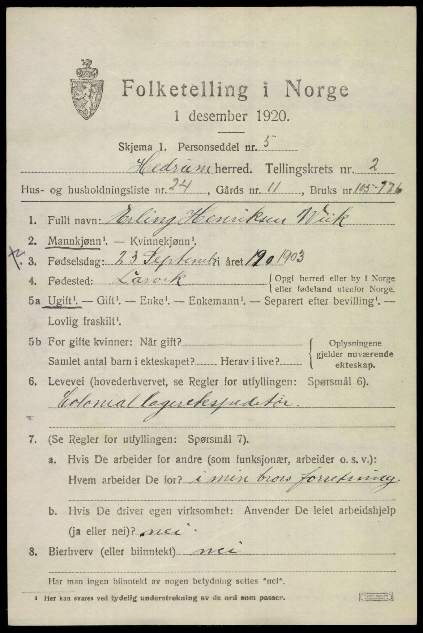 SAKO, Folketelling 1920 for 0727 Hedrum herred, 1920, s. 2703