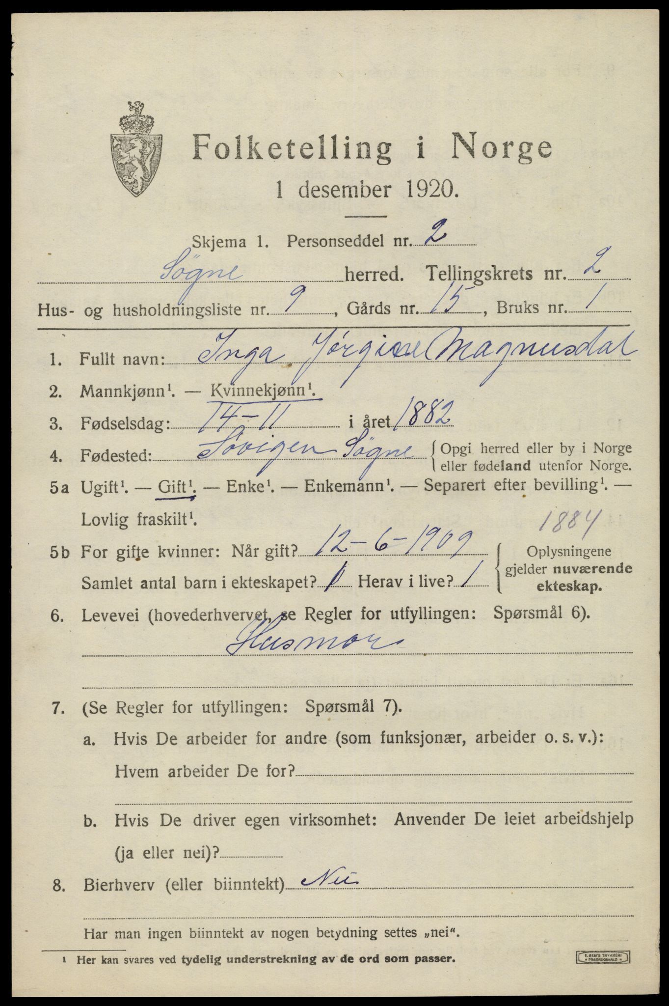 SAK, Folketelling 1920 for 1018 Søgne herred, 1920, s. 1527