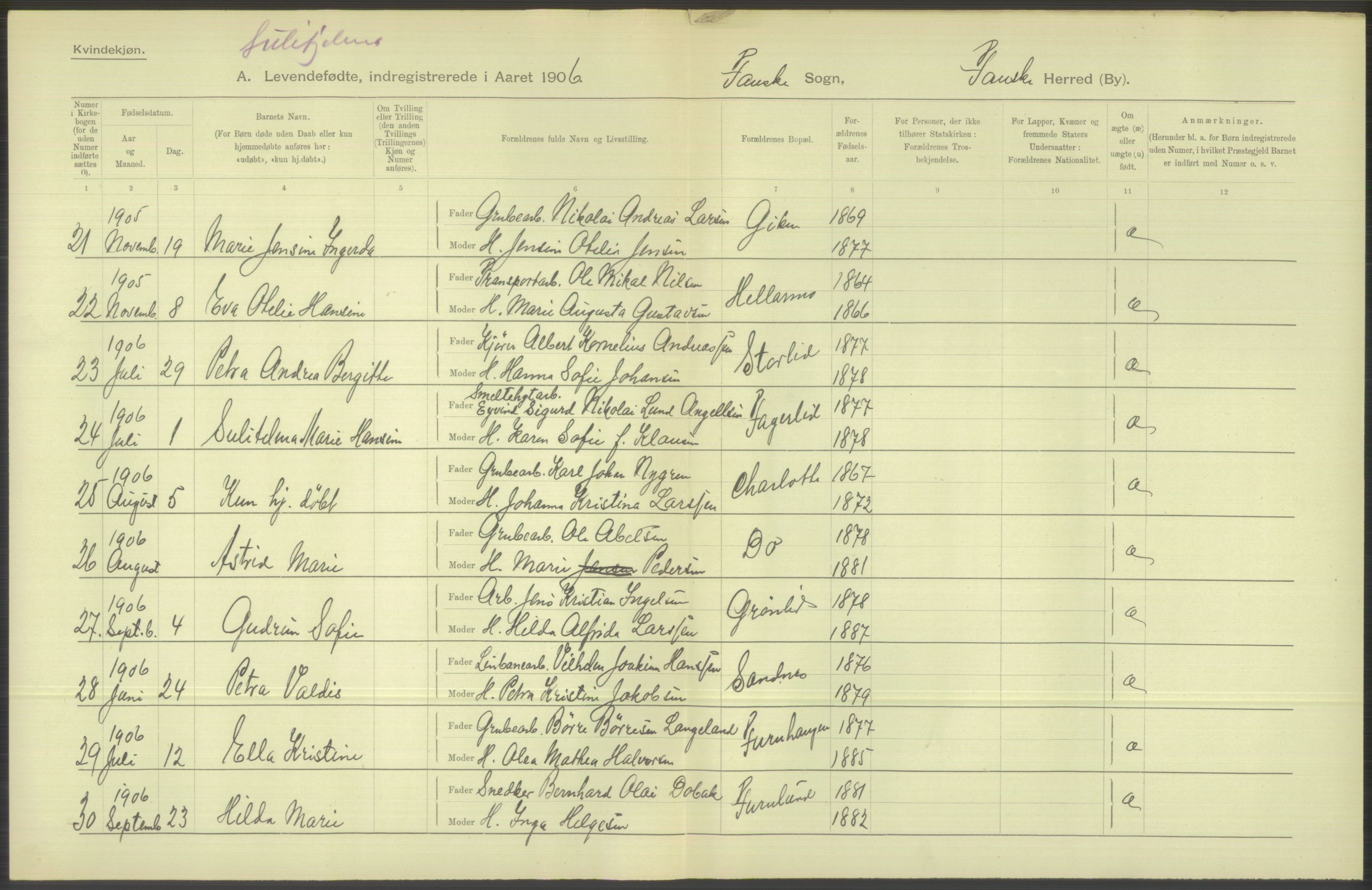 Statistisk sentralbyrå, Sosiodemografiske emner, Befolkning, AV/RA-S-2228/D/Df/Dfa/Dfad/L0044: Nordlands amt: Levendefødte menn og kvinner. Bygder., 1906, s. 214