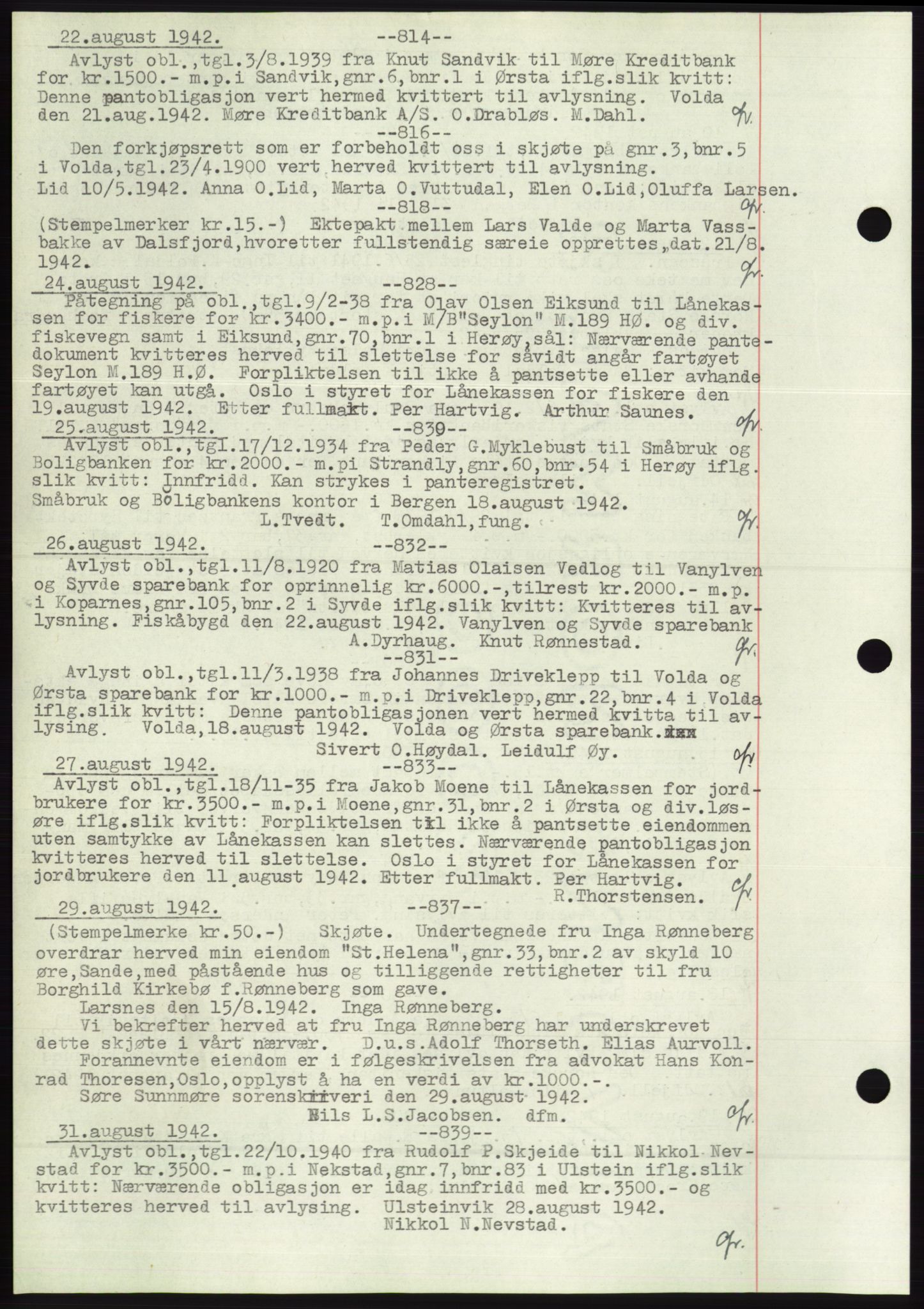 Søre Sunnmøre sorenskriveri, SAT/A-4122/1/2/2C/L0072: Pantebok nr. 66, 1941-1955, Dagboknr: 814/1942