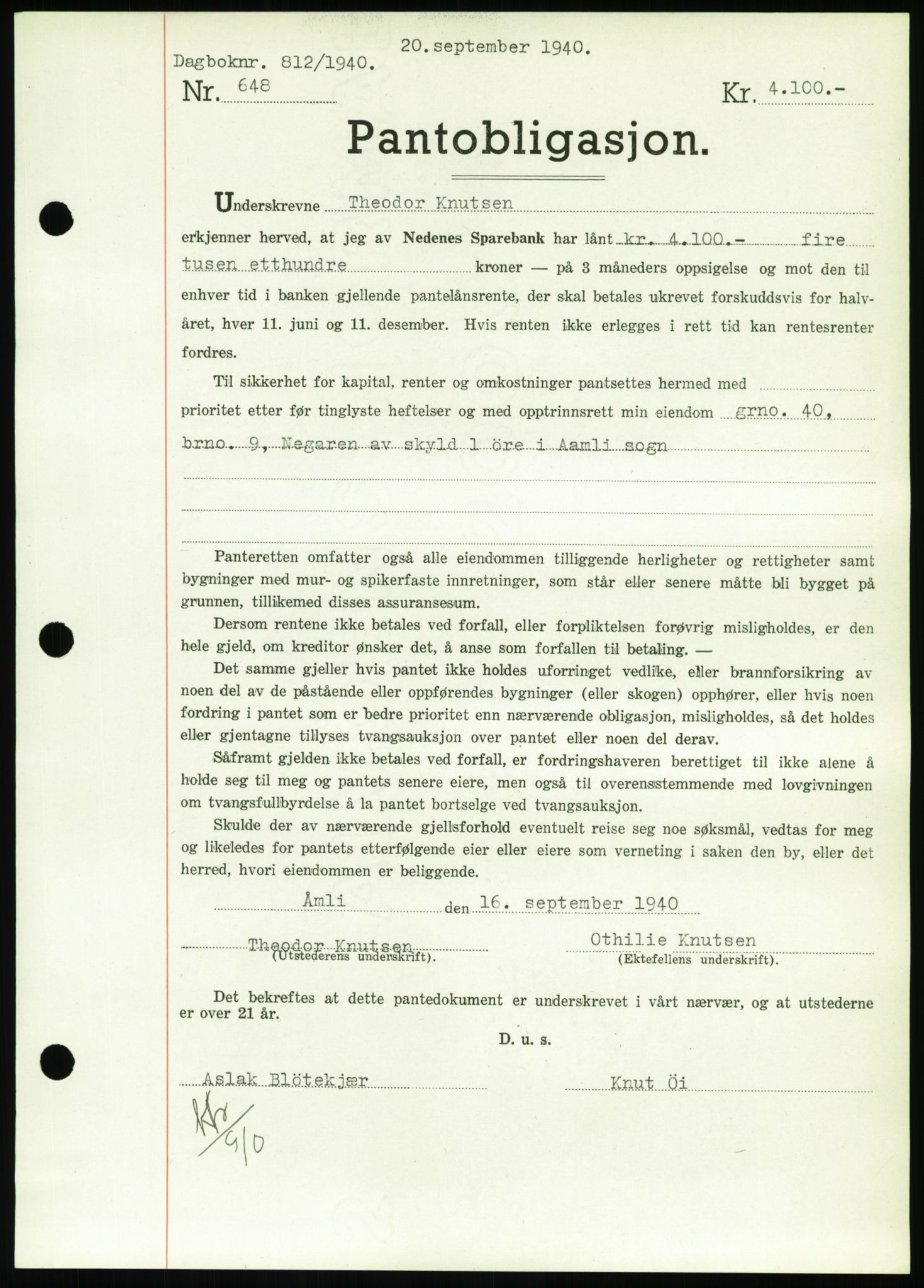 Nedenes sorenskriveri, SAK/1221-0006/G/Gb/Gbb/L0001: Pantebok nr. I, 1939-1942, Dagboknr: 812/1940