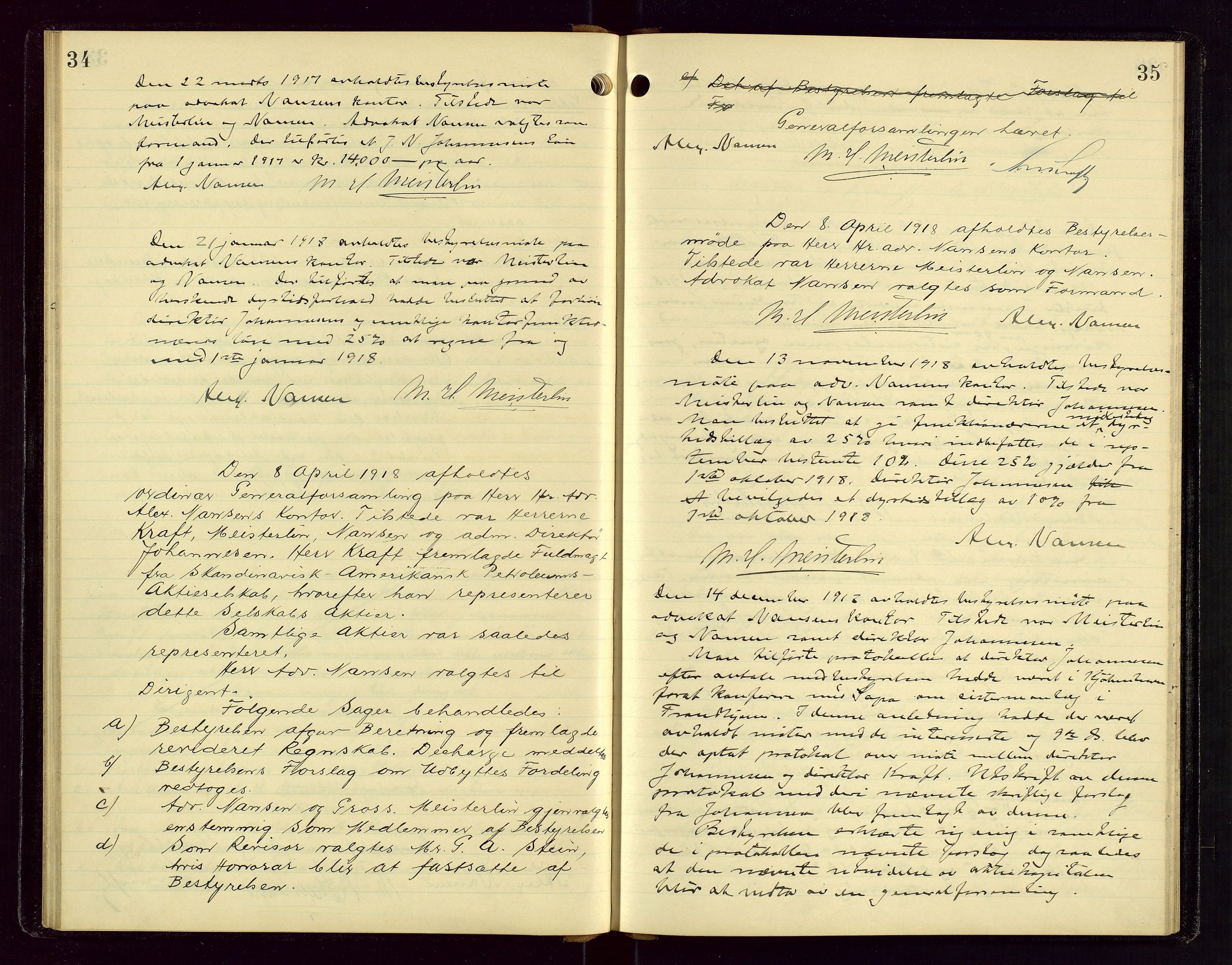 PA 1535 - Norsk-Amerikansk Petroleumscompani A/S, SAST/A-101955/A/Aa/L0001/0001: Styre- og generalforsamlingsprotokoller / Styre - Generalforsamling, 1906-1931, s. 34-35