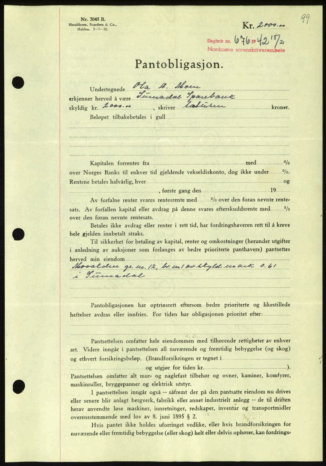 Nordmøre sorenskriveri, AV/SAT-A-4132/1/2/2Ca: Pantebok nr. B89, 1942-1942, Dagboknr: 676/1942