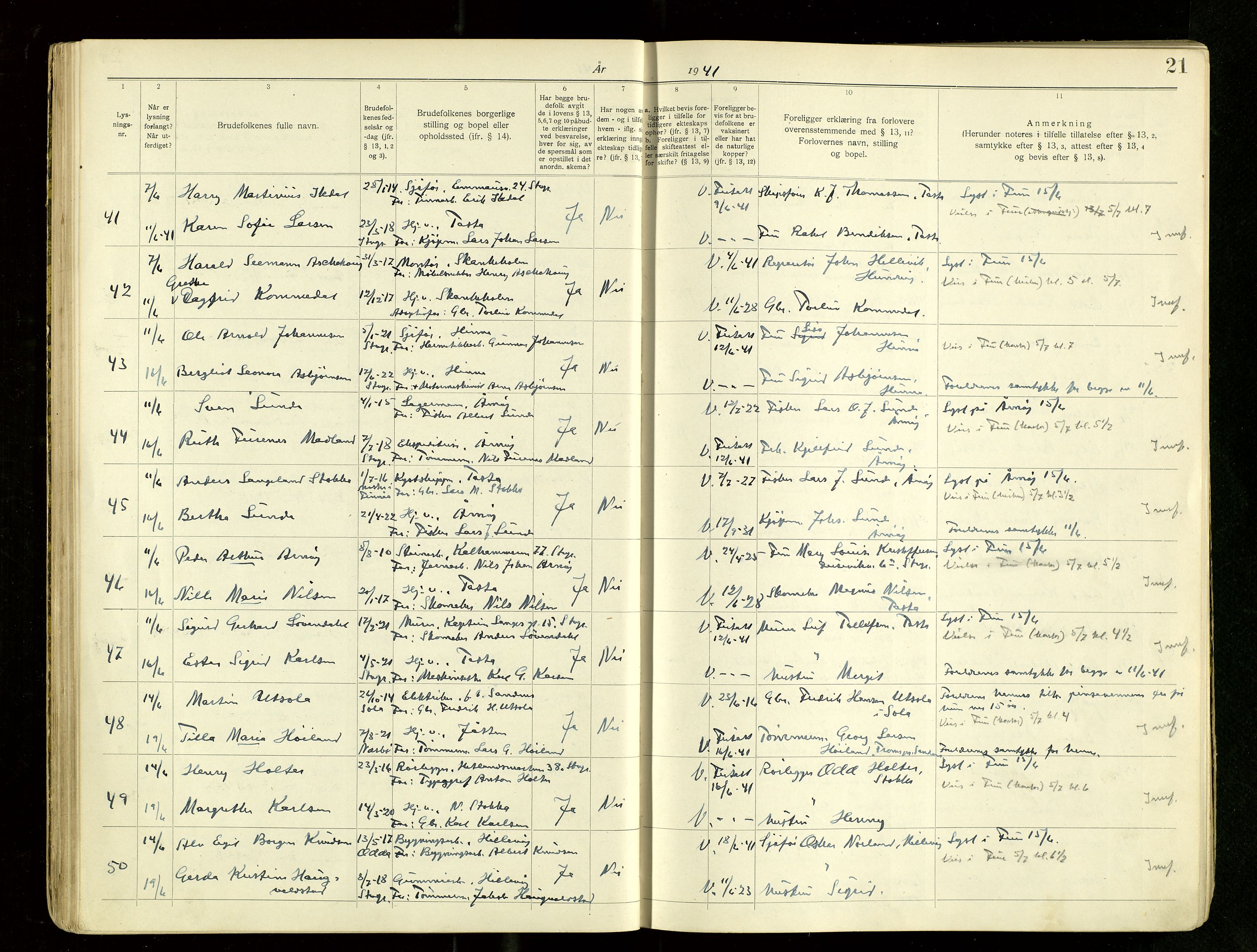 Hetland sokneprestkontor, AV/SAST-A-101826/70/705BA/L0007: Lysningsprotokoll nr. 7, 1939-1951, s. 21