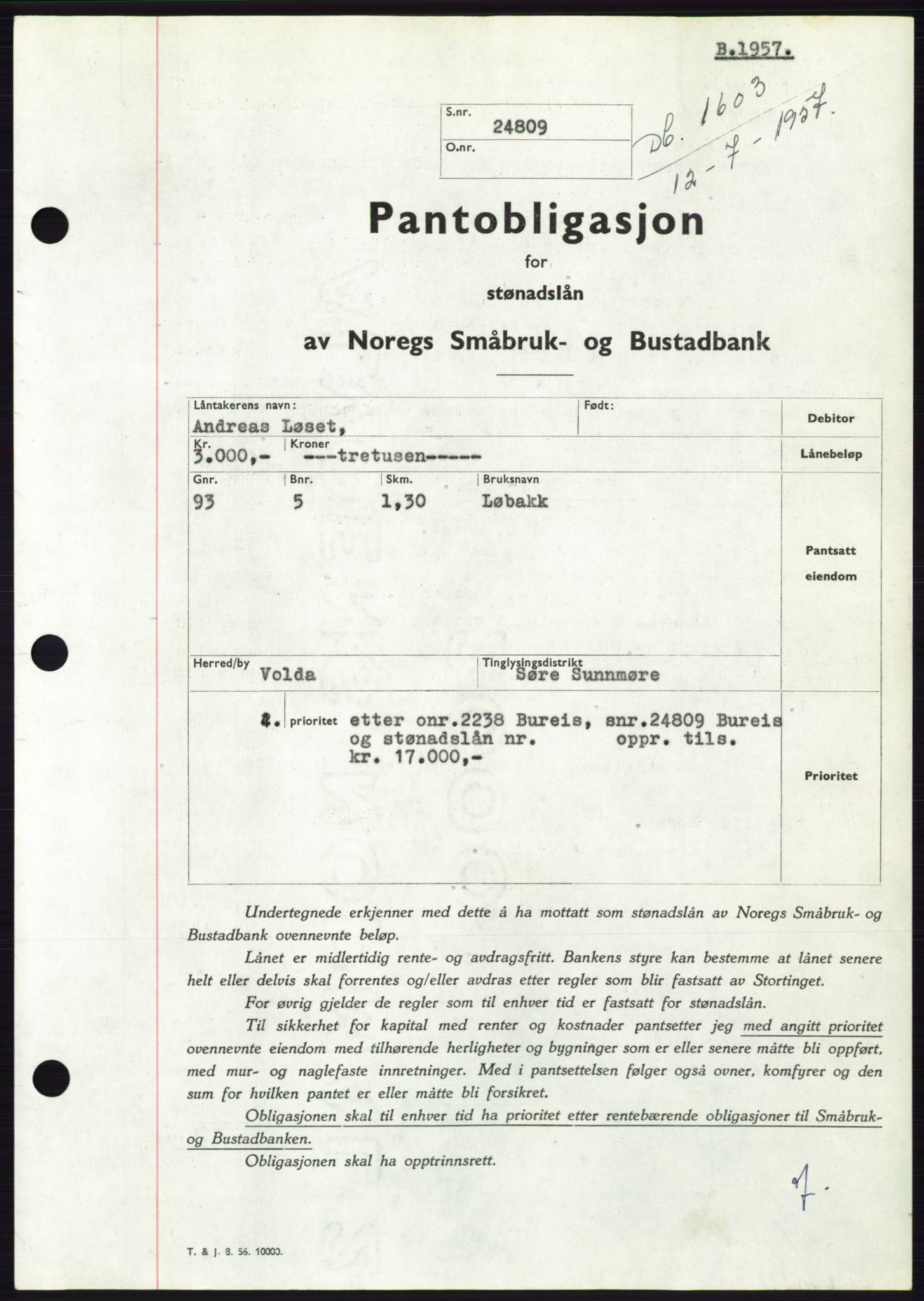 Søre Sunnmøre sorenskriveri, AV/SAT-A-4122/1/2/2C/L0130: Pantebok nr. 18B, 1957-1958, Dagboknr: 1603/1957