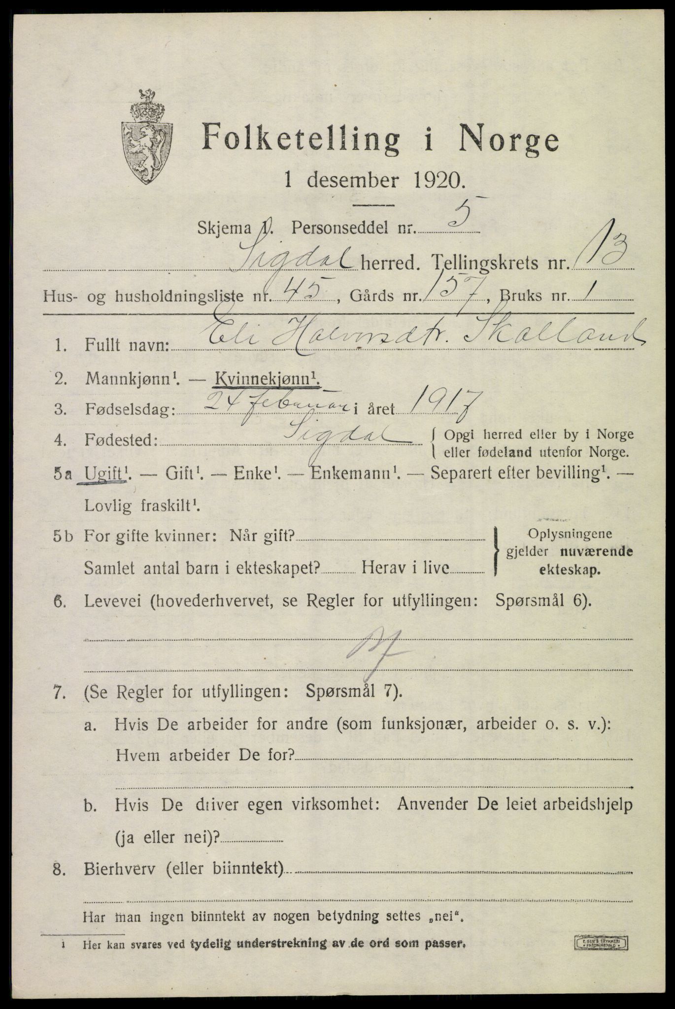 SAKO, Folketelling 1920 for 0621 Sigdal herred, 1920, s. 8510