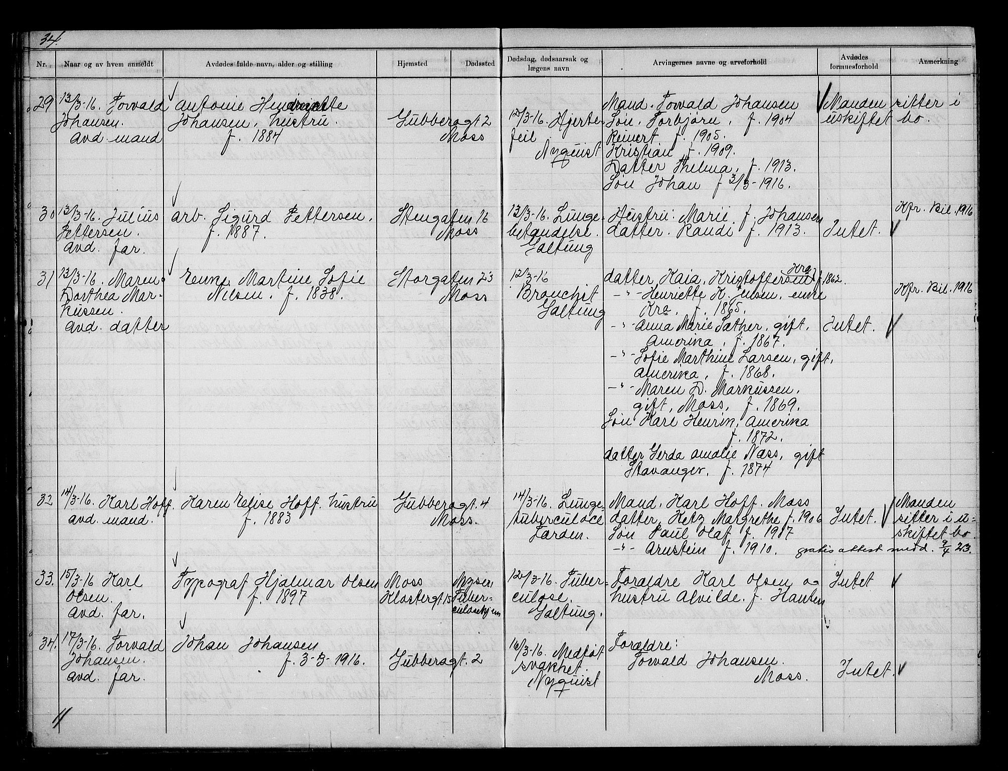 Moss byfogd, AV/SAO-A-10863/H/Ha/Hab/L0005: Dødsanmeldelsesprotokoll, 1914-1920, s. 34