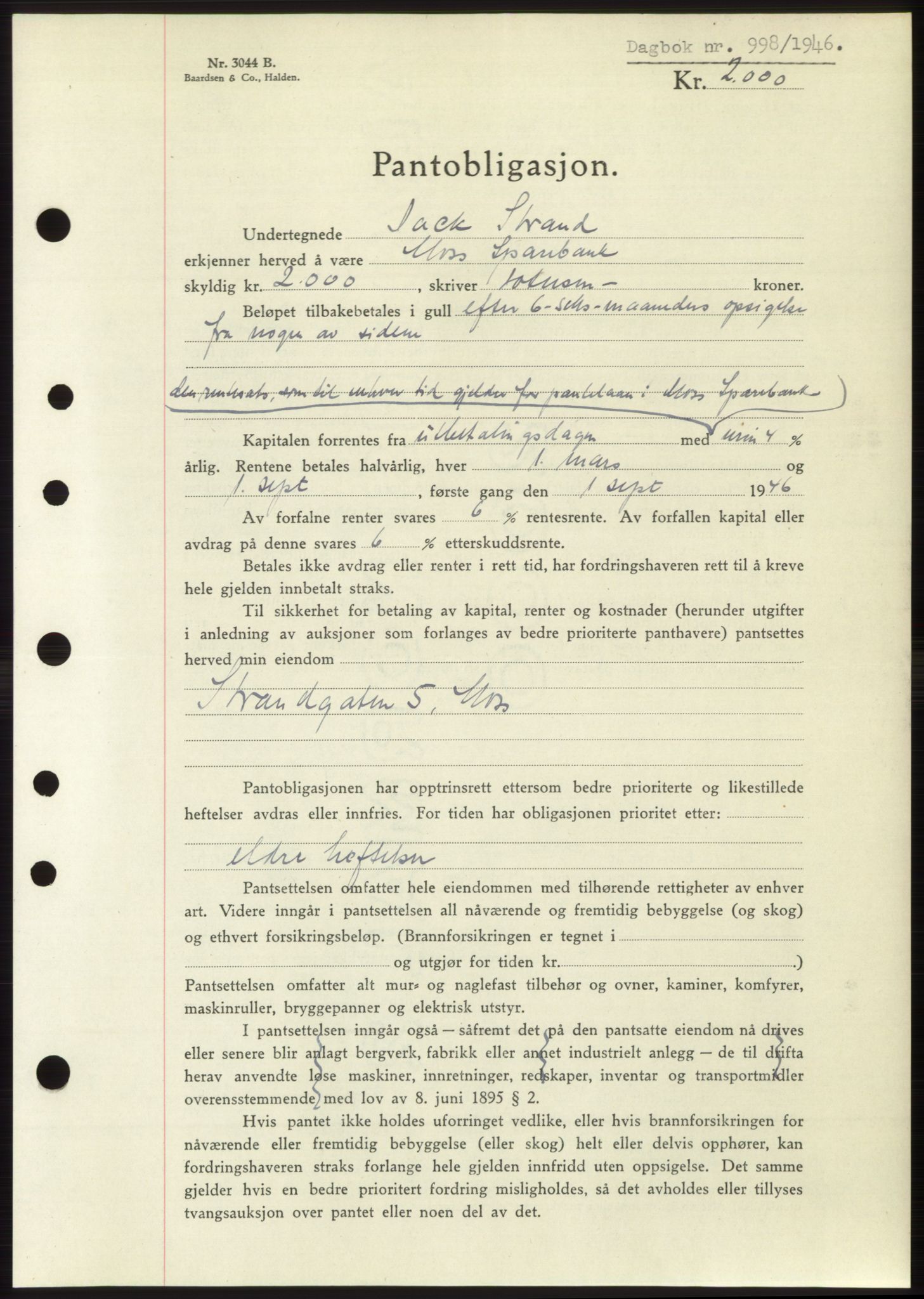 Moss sorenskriveri, SAO/A-10168: Pantebok nr. B15, 1946-1946, Dagboknr: 998/1946