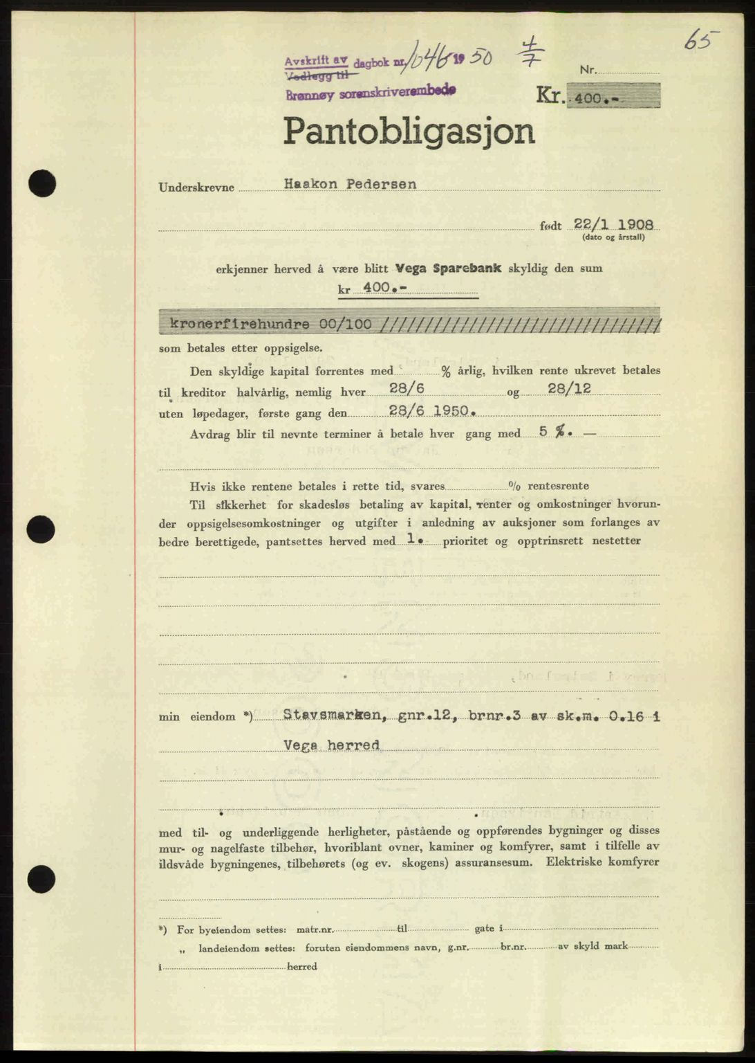 Brønnøy sorenskriveri, SAT/A-4170/1/2/2C: Pantebok nr. 36, 1950-1950, Dagboknr: 1046/1950