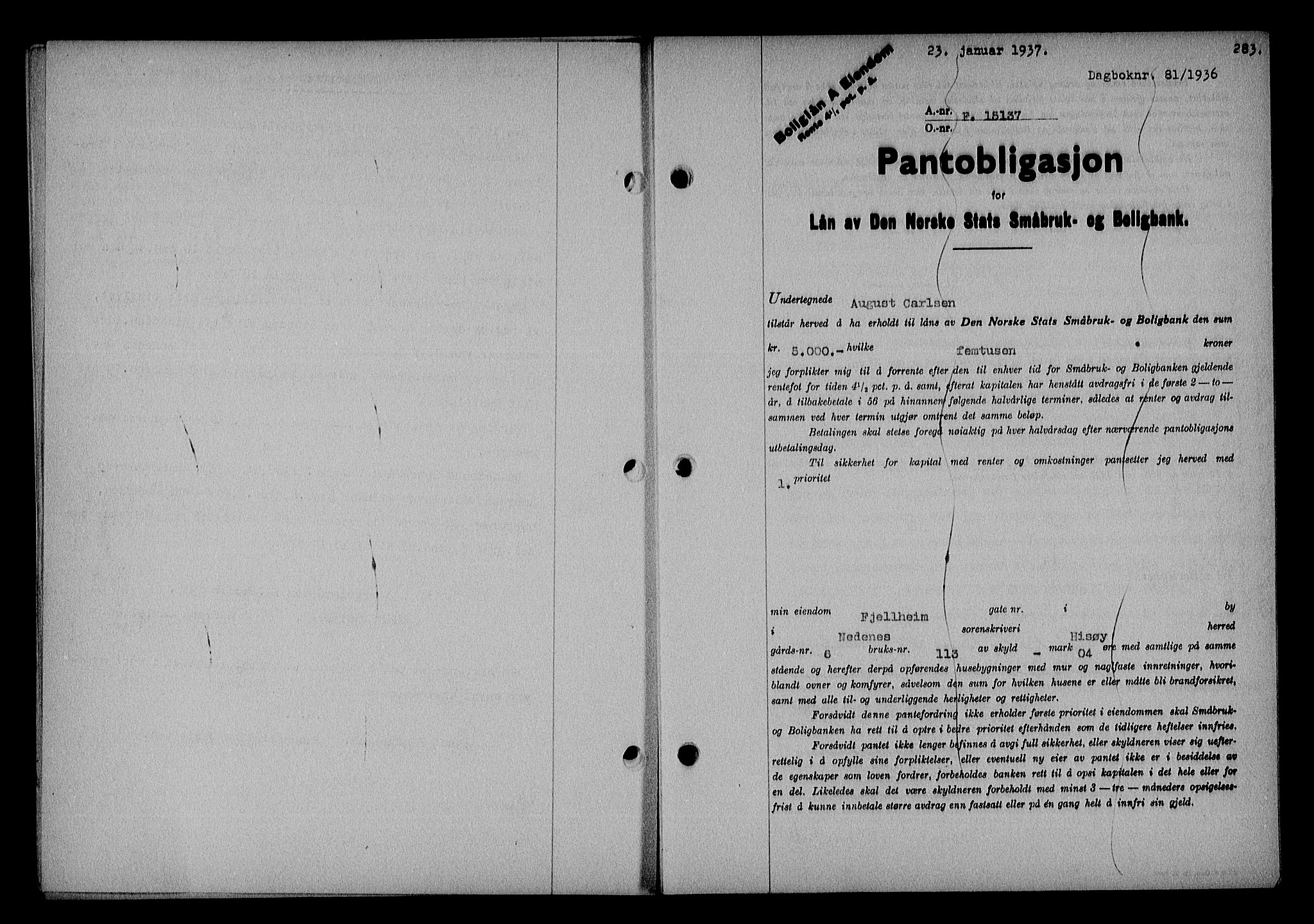 Nedenes sorenskriveri, SAK/1221-0006/G/Gb/Gba/L0043: Pantebok nr. 39, 1936-1937, Dagboknr: 81/1937