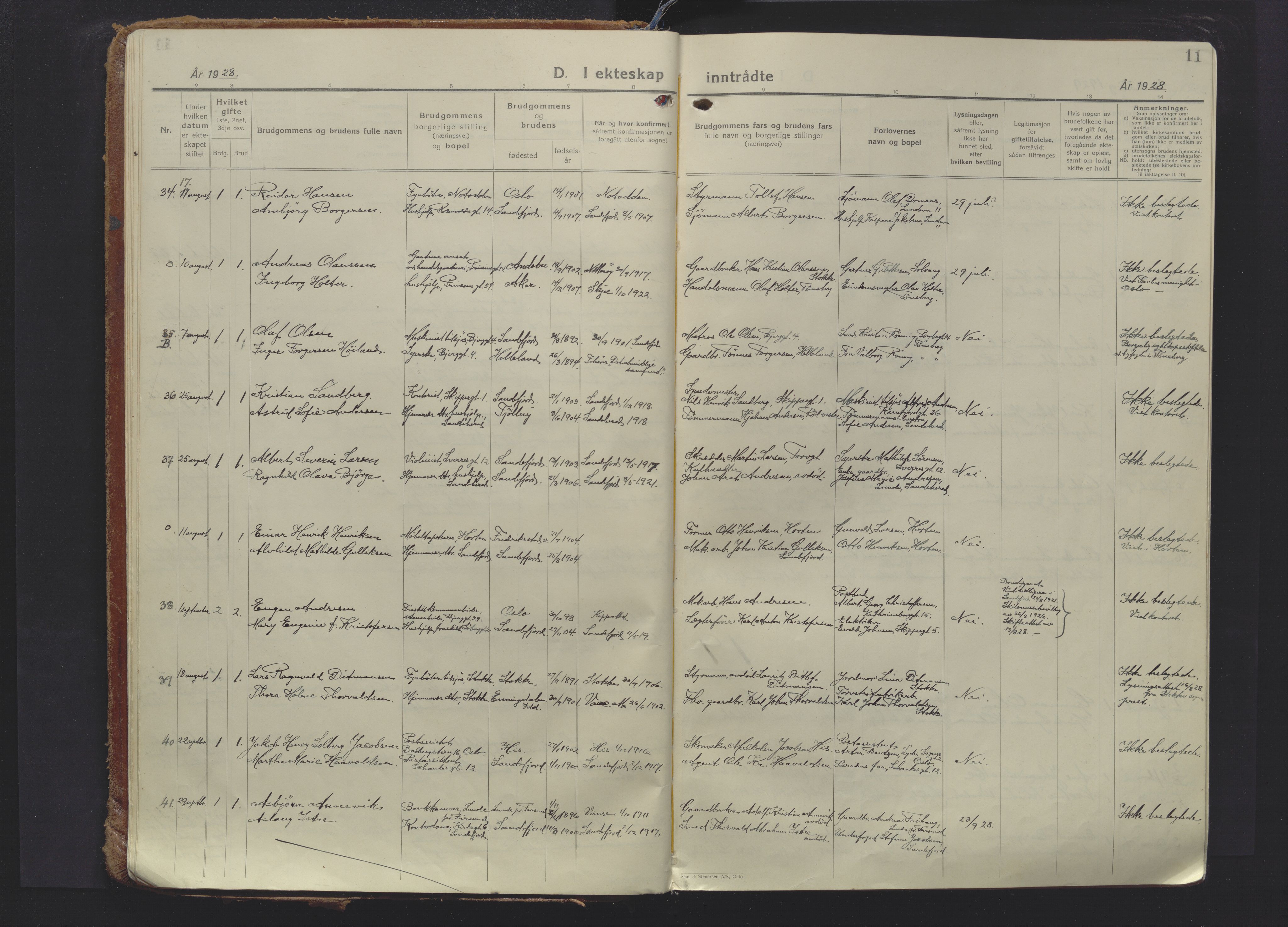 Sandefjord kirkebøker, AV/SAKO-A-315/F/Fa/L0009: Ministerialbok nr. 9, 1926-1945, s. 11