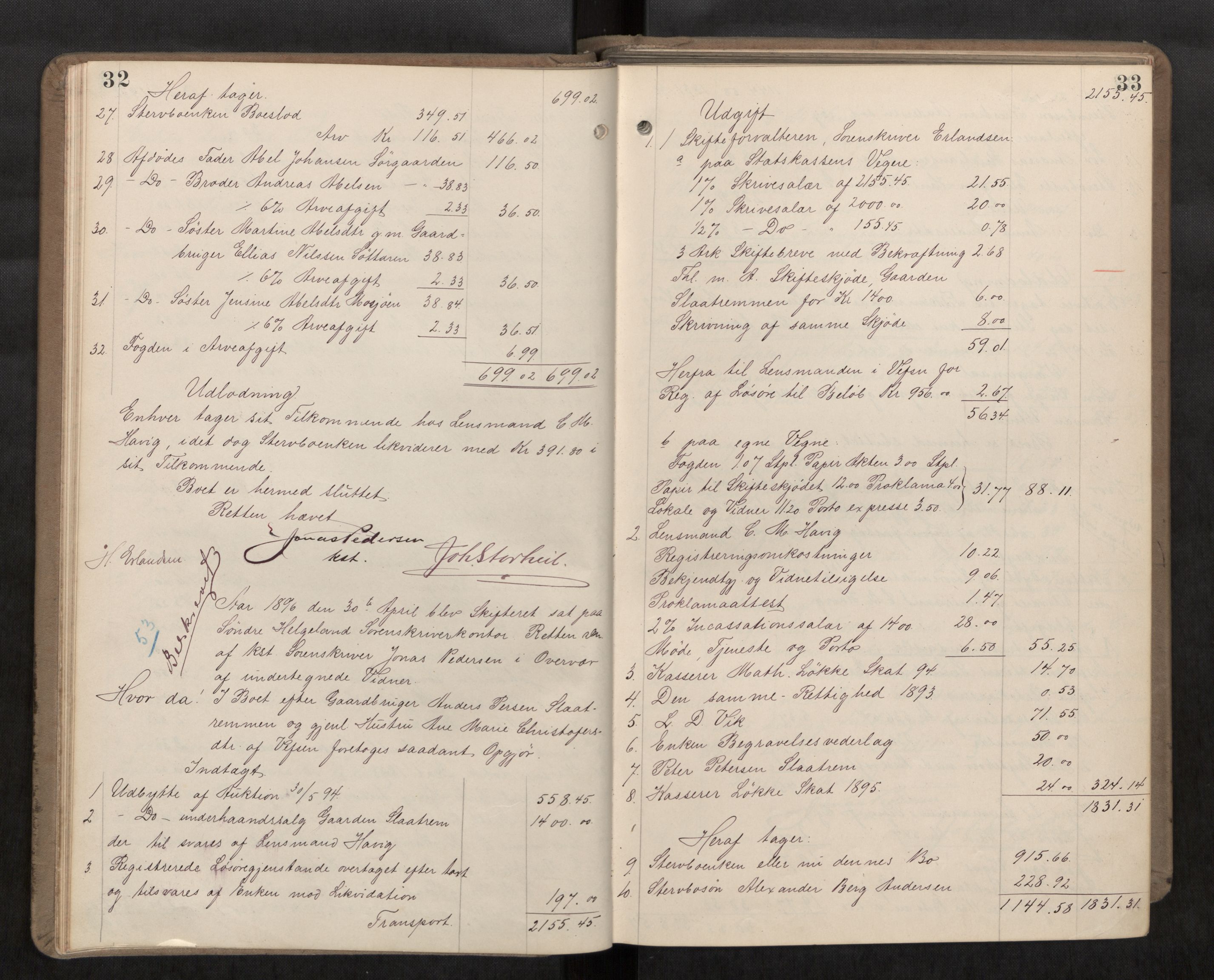 Søndre Helgeland sorenskriveri, AV/SAT-A-4575/1/3/3A/L0006: Skifteutlodningsprot., 1896-1902, s. 32-33