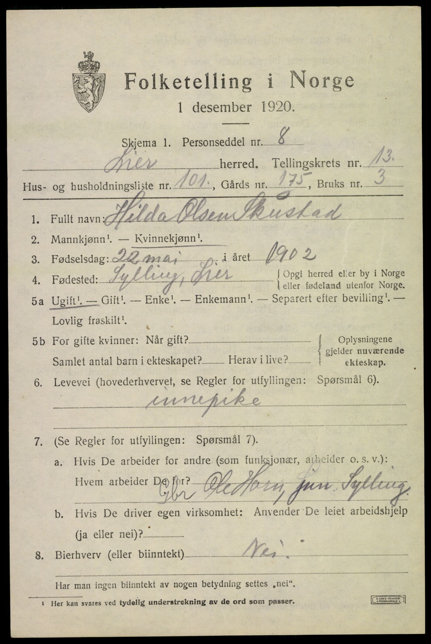 SAKO, Folketelling 1920 for 0626 Lier herred, 1920, s. 21436