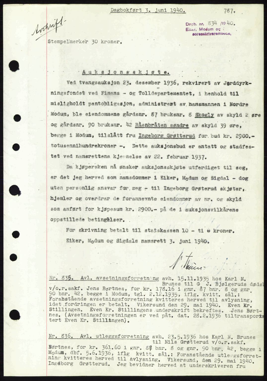 Eiker, Modum og Sigdal sorenskriveri, SAKO/A-123/G/Ga/Gab/L0041: Pantebok nr. A11, 1939-1940, Dagboknr: 834/1940