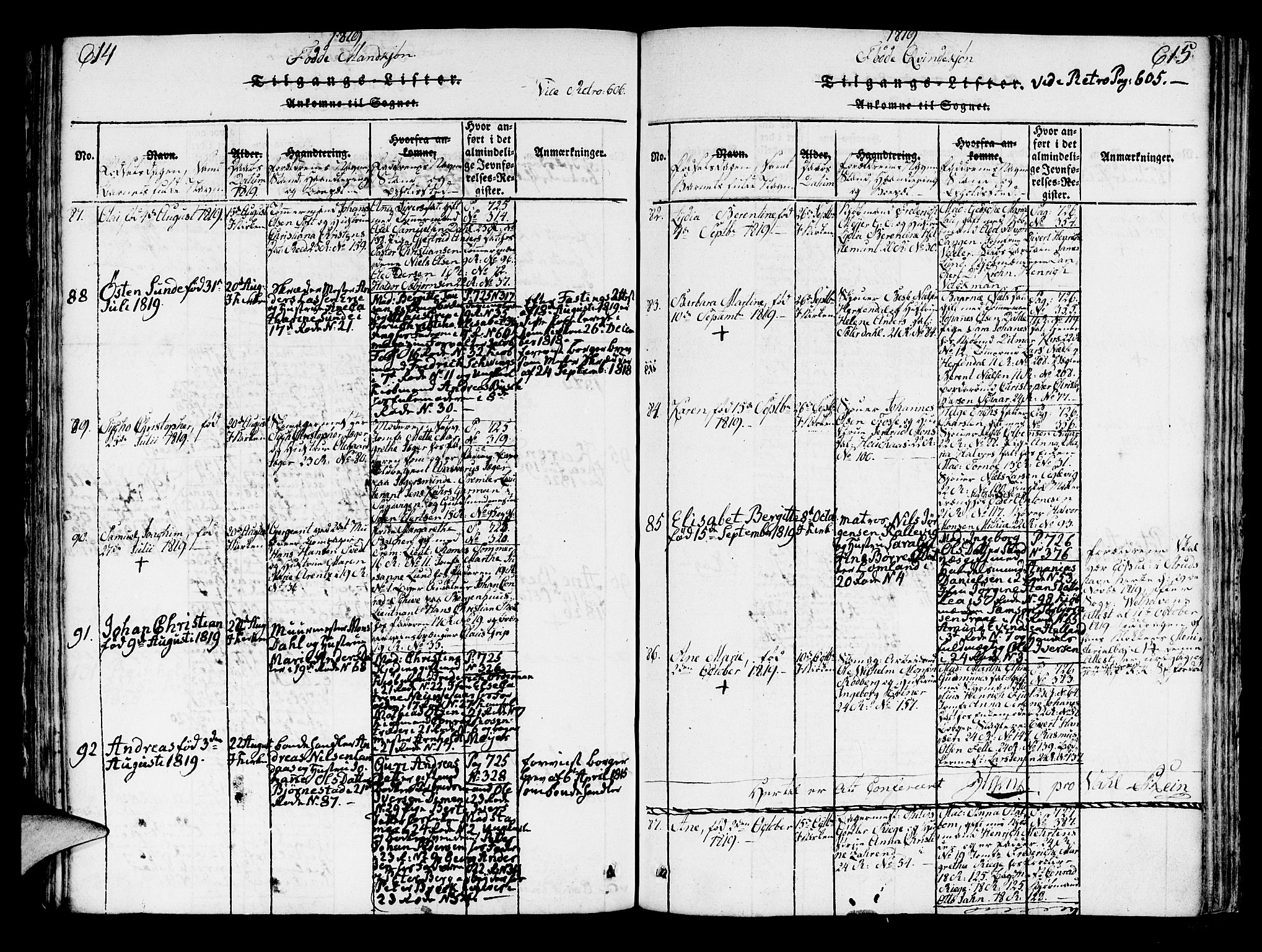 Korskirken sokneprestembete, AV/SAB-A-76101/H/Hab: Klokkerbok nr. A 1b, 1815-1821, s. 614-615