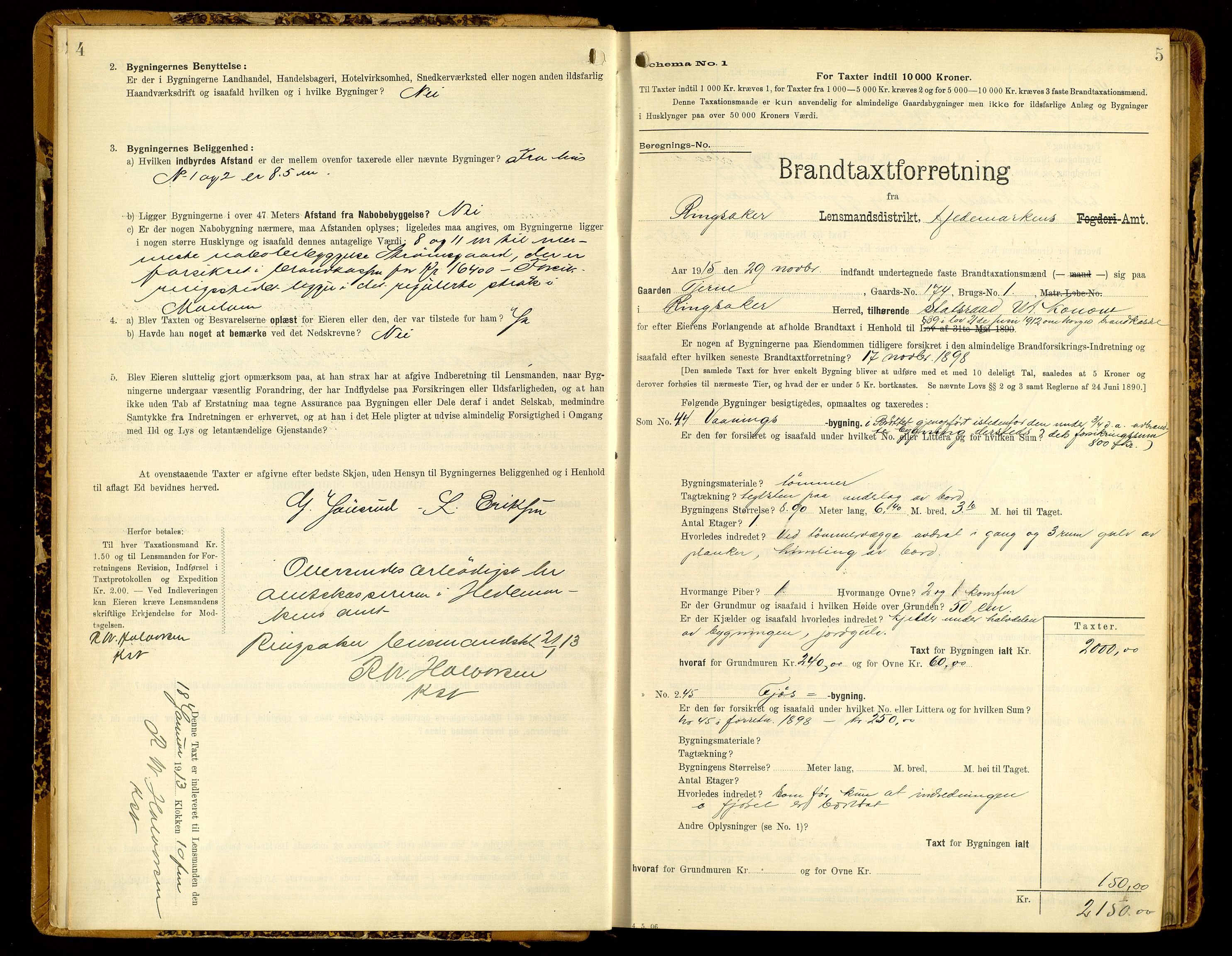 Norges Brannkasse, Ringsaker, AV/SAH-NBRANR-003/F/L0009: Branntakstprotokoll, 1913-1939, s. 4-5