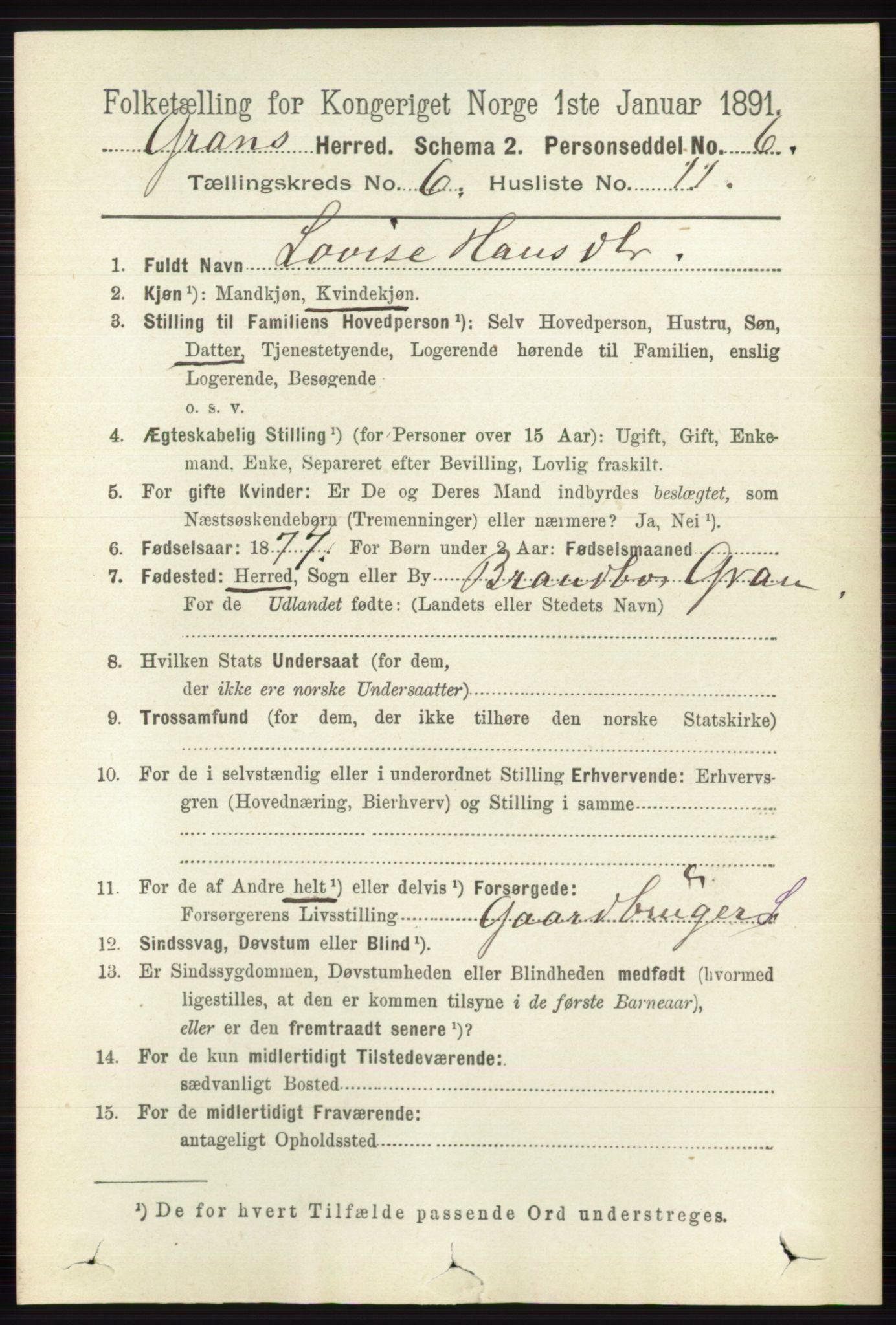 RA, Folketelling 1891 for 0534 Gran herred, 1891, s. 2294