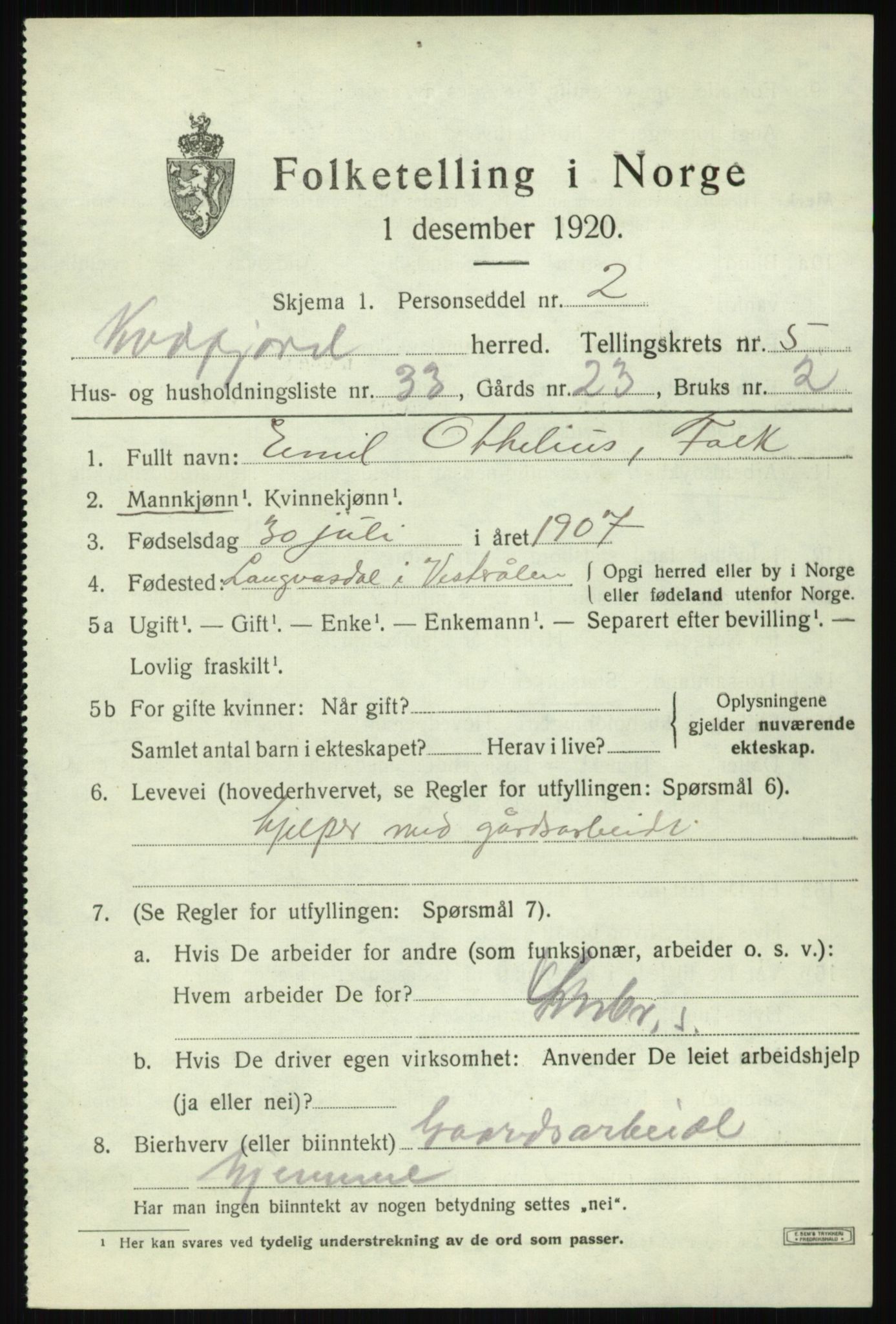 SATØ, Folketelling 1920 for 1911 Kvæfjord herred, 1920, s. 3035
