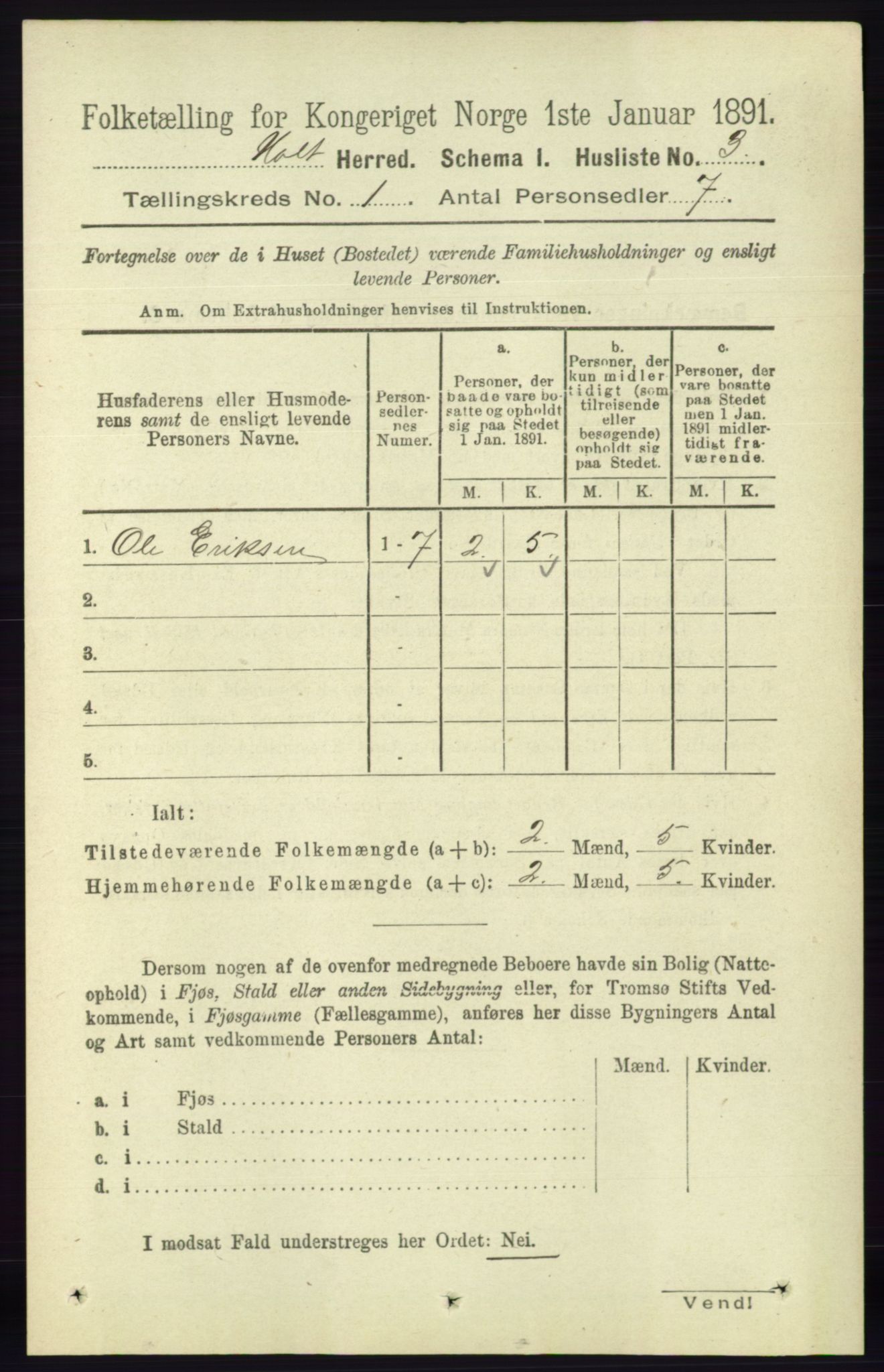 RA, Folketelling 1891 for 0914 Holt herred, 1891, s. 36