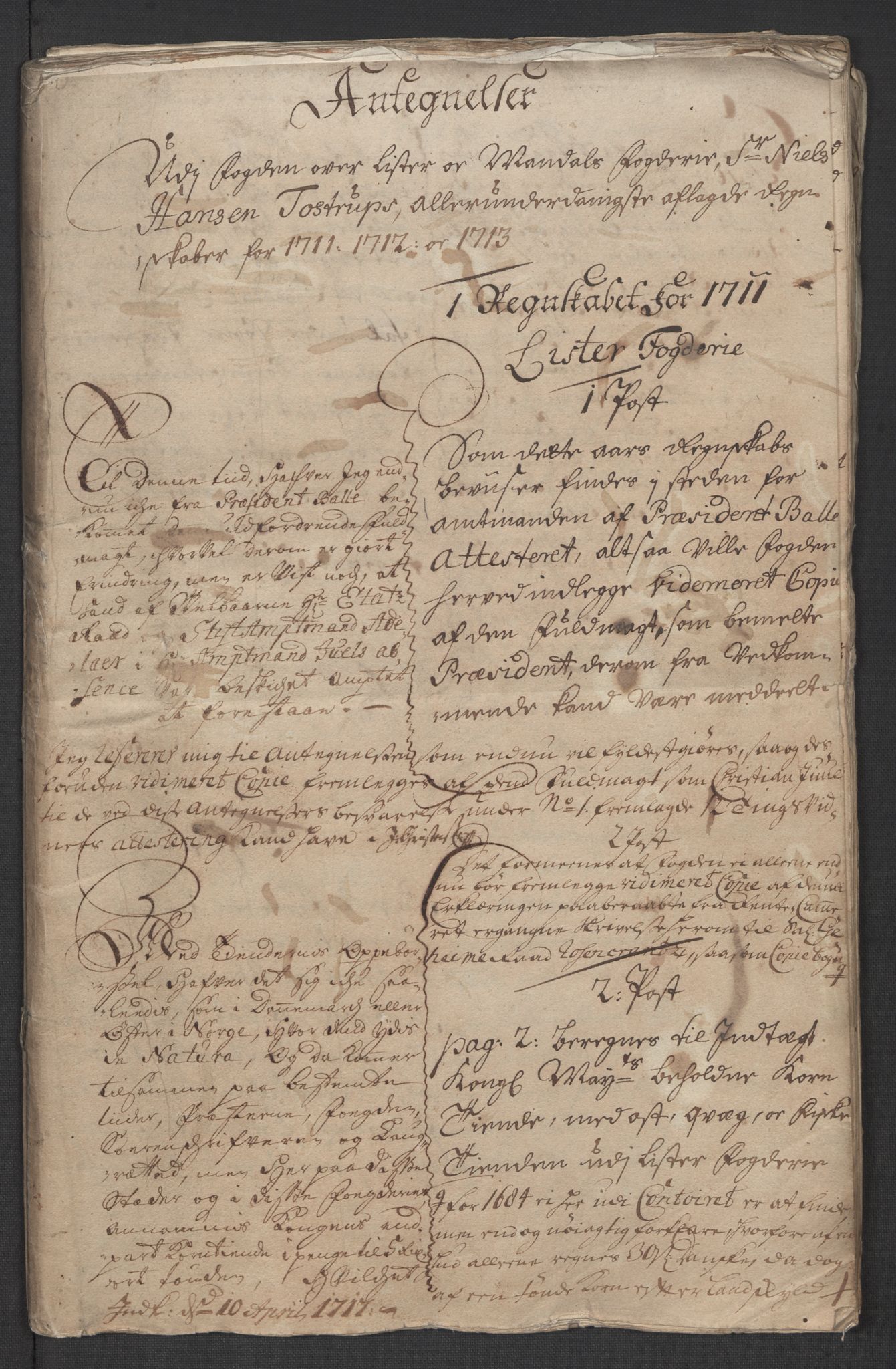 Rentekammeret inntil 1814, Reviderte regnskaper, Fogderegnskap, RA/EA-4092/R43/L2557: Fogderegnskap Lista og Mandal, 1711-1713, s. 3
