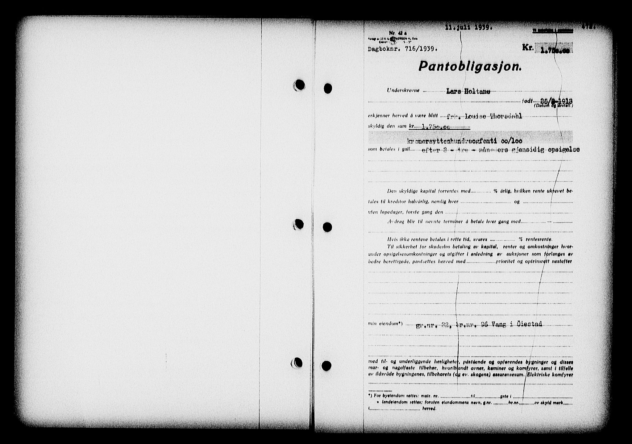 Nedenes sorenskriveri, SAK/1221-0006/G/Gb/Gba/L0046: Pantebok nr. 42, 1938-1939, Dagboknr: 716/1939