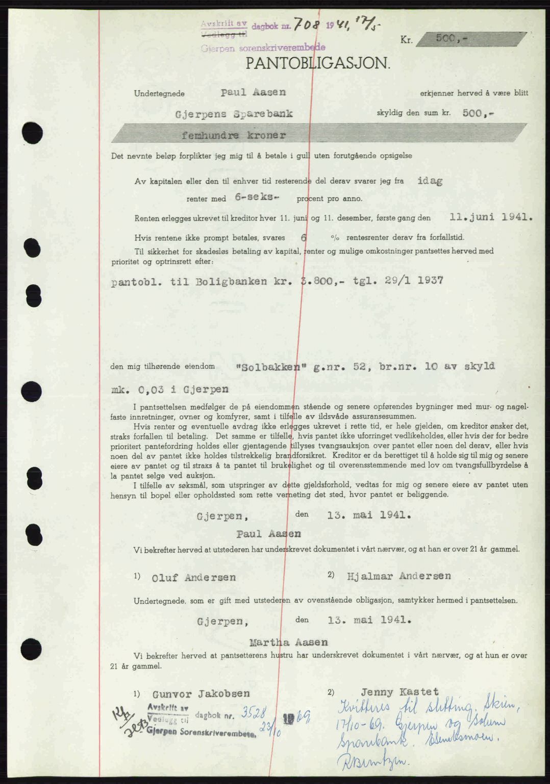 Gjerpen sorenskriveri, SAKO/A-216/G/Ga/Gaf/L0002: Pantebok nr. B-73 - B-74, 1941-1943, Dagboknr: 708/1941