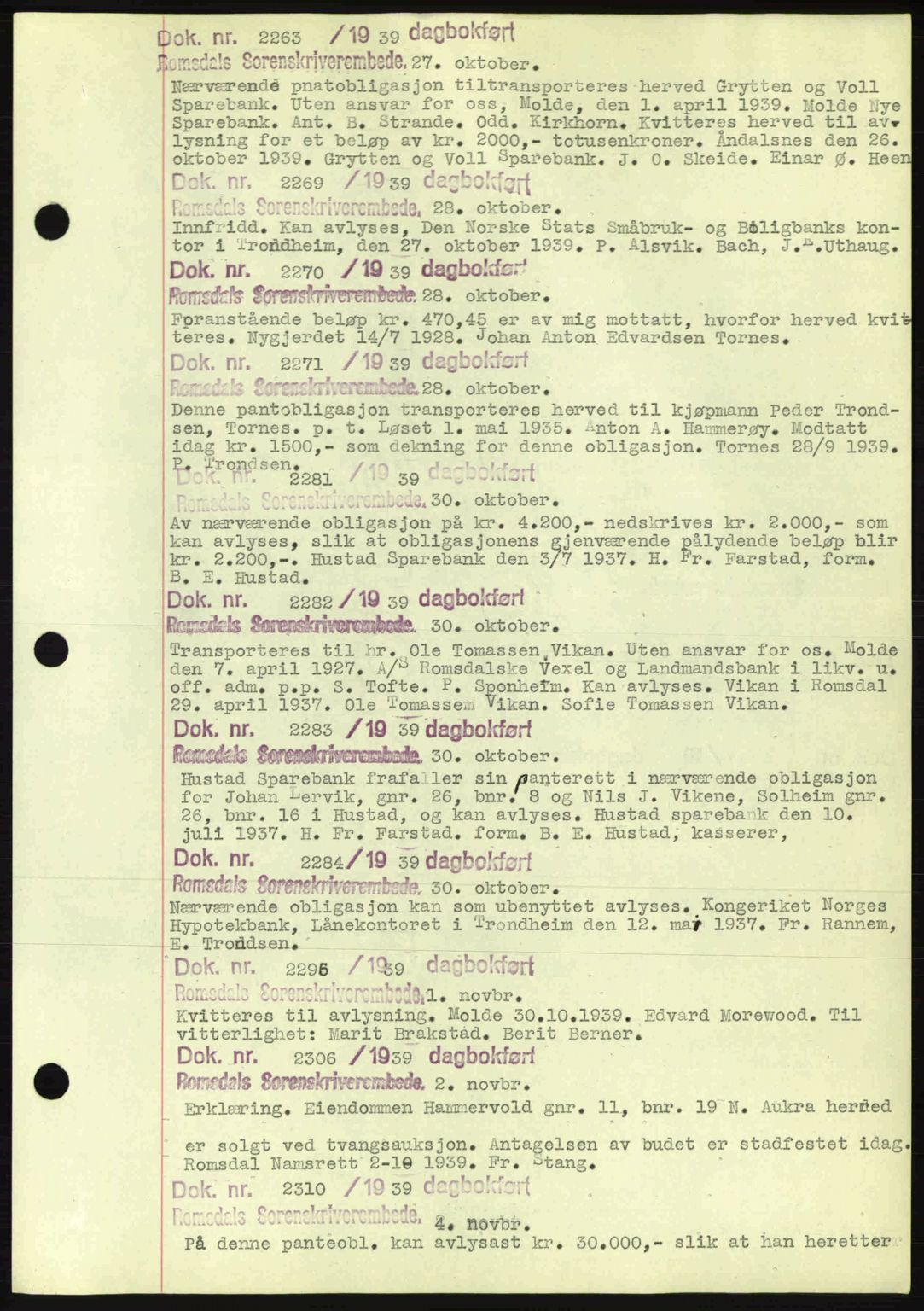 Romsdal sorenskriveri, AV/SAT-A-4149/1/2/2C: Pantebok nr. C1a, 1936-1945, Dagboknr: 2263/1939