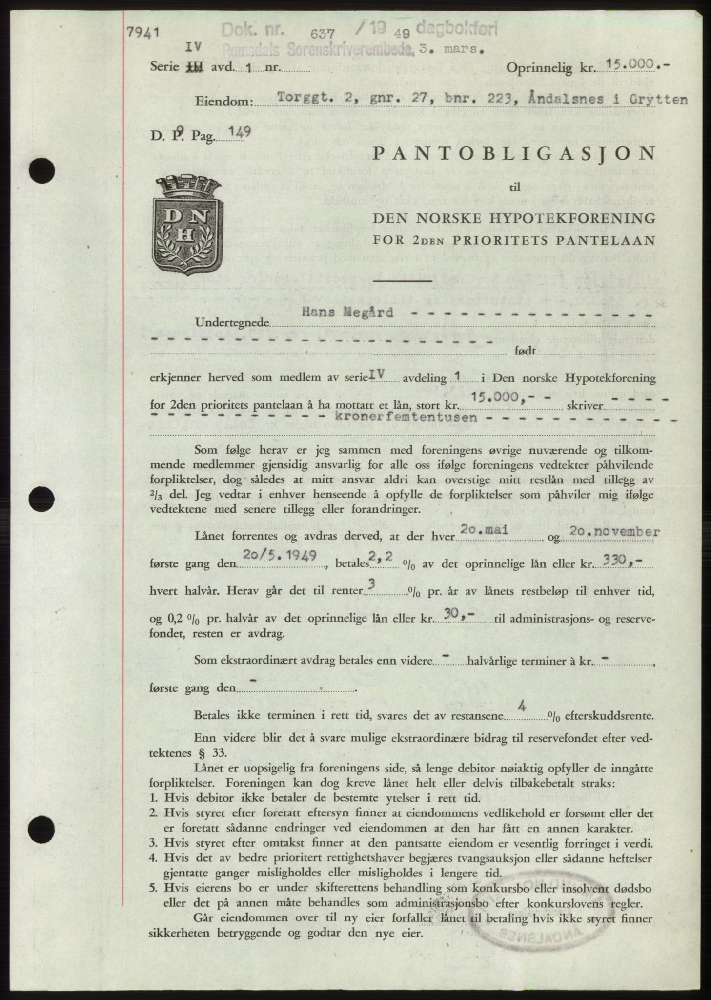 Romsdal sorenskriveri, SAT/A-4149/1/2/2C: Pantebok nr. B4, 1948-1949, Dagboknr: 637/1949