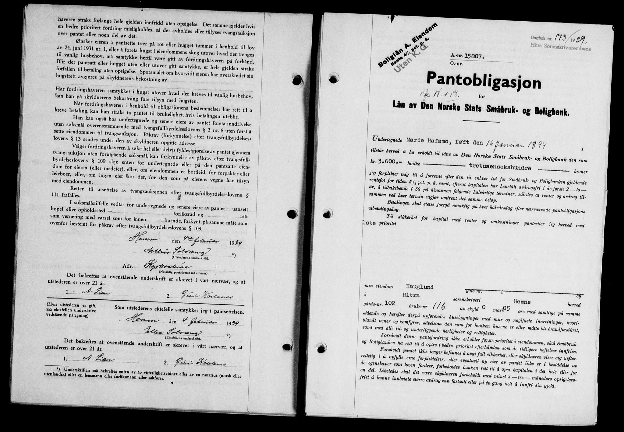 Hitra sorenskriveri, AV/SAT-A-0018/2/2C/2Ca/L0028: Pantebok nr. B-1, 1936-1939, Dagboknr: 173/1939