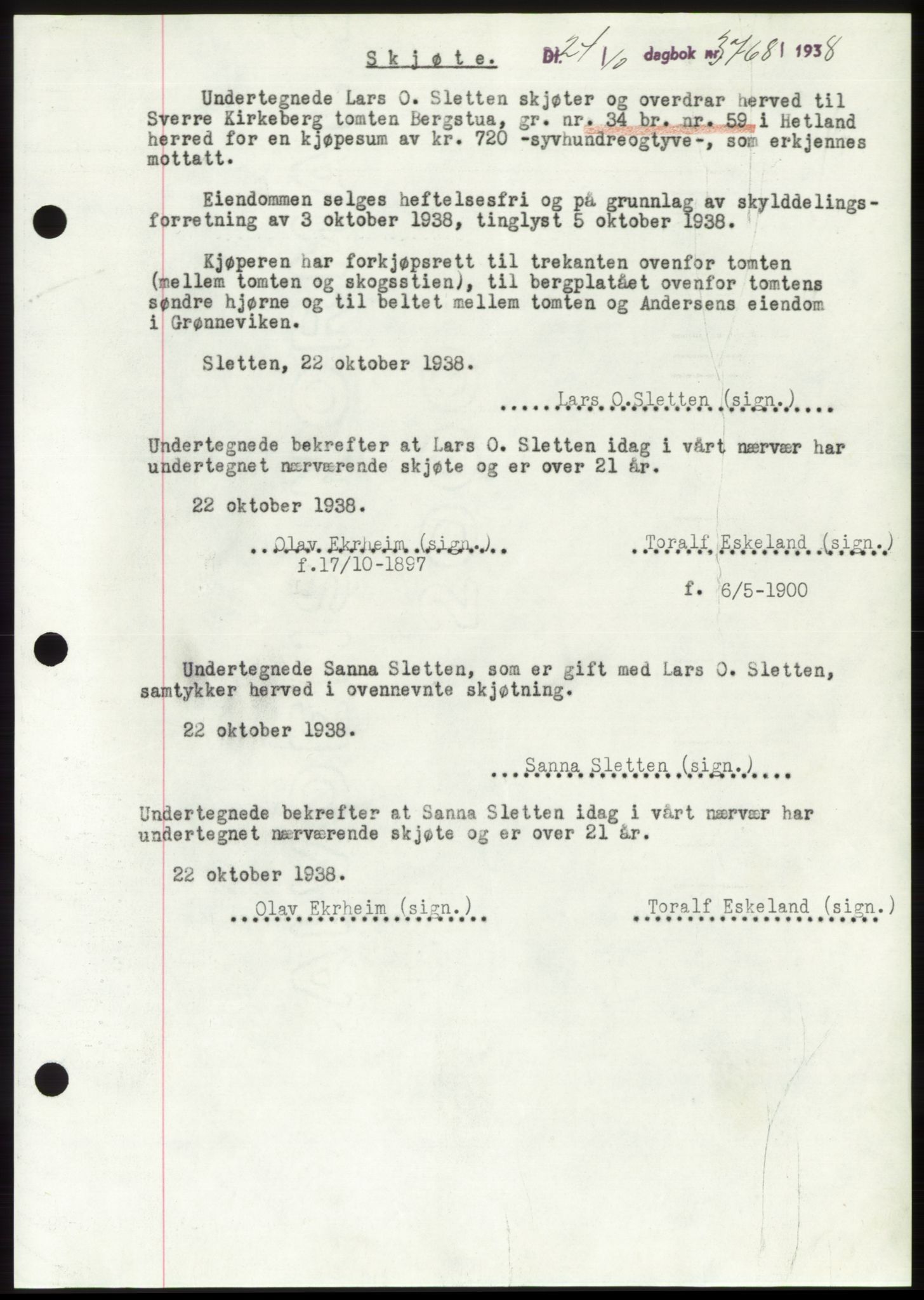 Jæren sorenskriveri, SAST/A-100310/03/G/Gba/L0072: Pantebok, 1938-1938, Dagboknr: 3768/1938