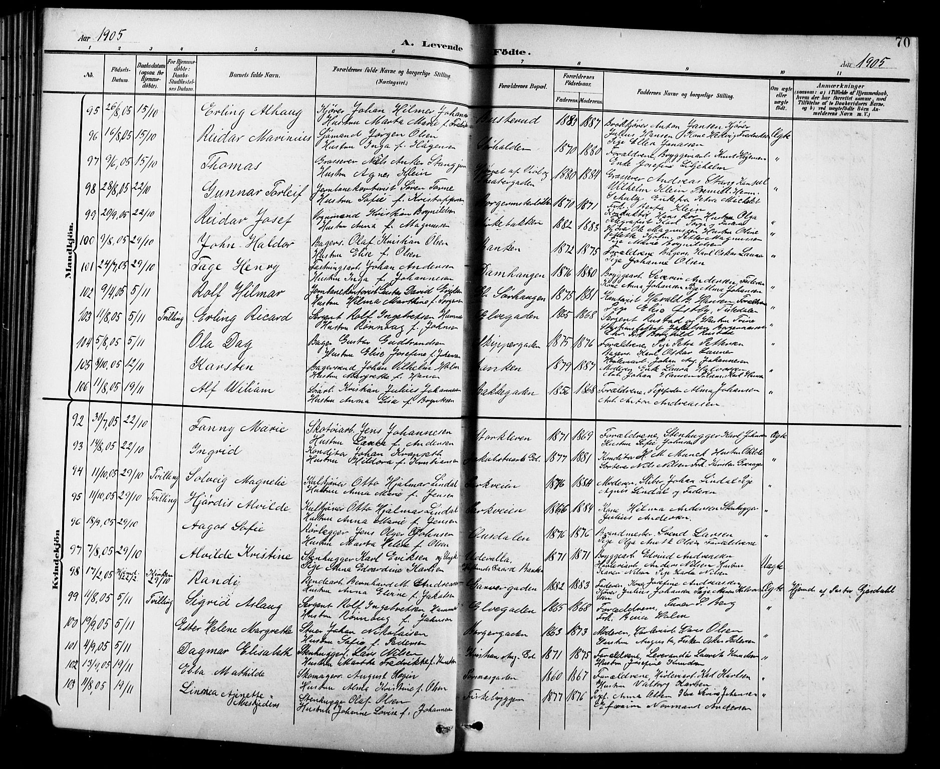 Halden prestekontor Kirkebøker, AV/SAO-A-10909/G/Ga/L0010: Klokkerbok nr. 10, 1900-1923, s. 70