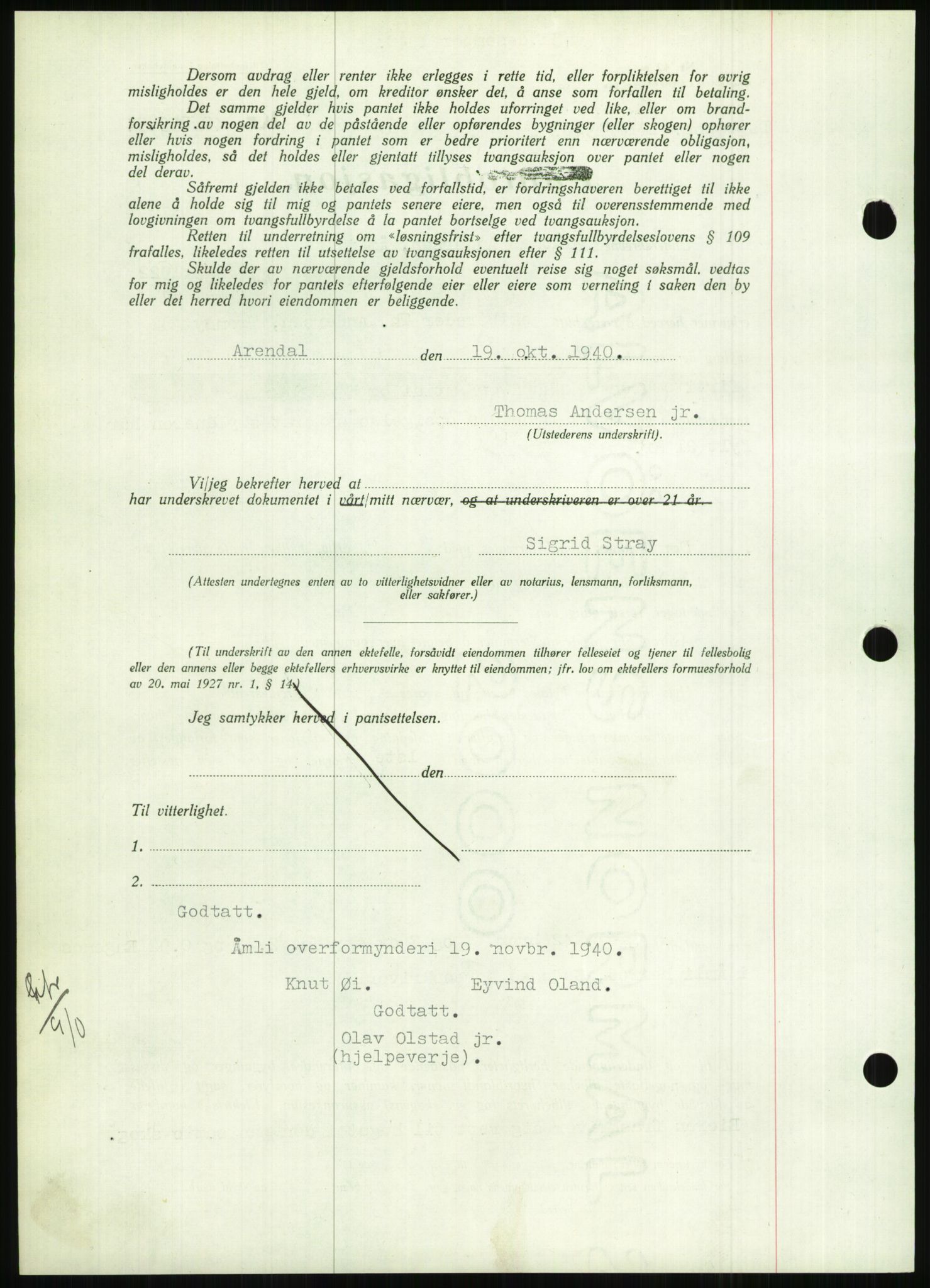 Nedenes sorenskriveri, AV/SAK-1221-0006/G/Gb/Gbb/L0001: Pantebok nr. I, 1939-1942, Dagboknr: 1216/1940