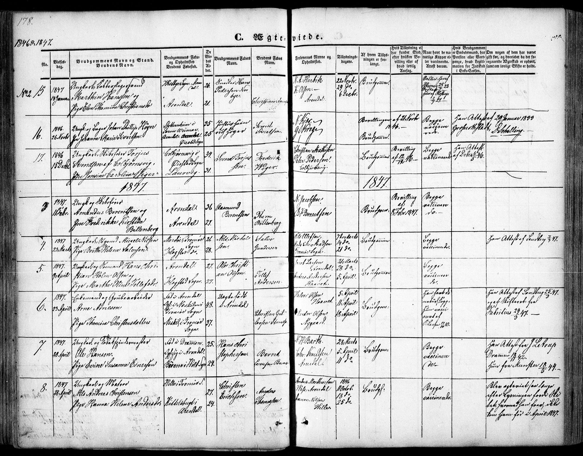 Arendal sokneprestkontor, Trefoldighet, AV/SAK-1111-0040/F/Fa/L0005: Ministerialbok nr. A 5, 1838-1854, s. 178